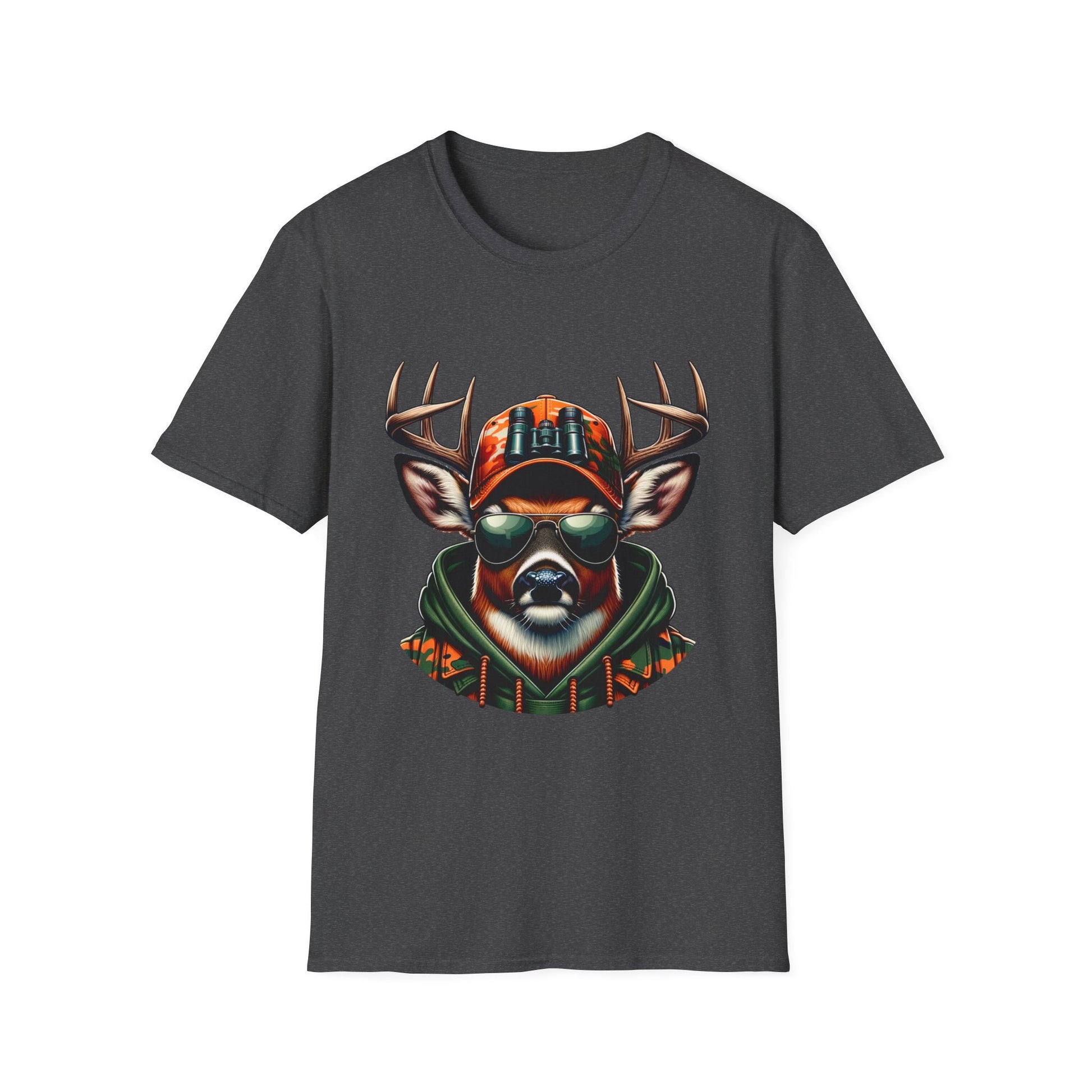 Dark gray unisex t-shirt featuring a stylish deer wearing sunglasses and hunting gear graphic, soft cotton fabric.