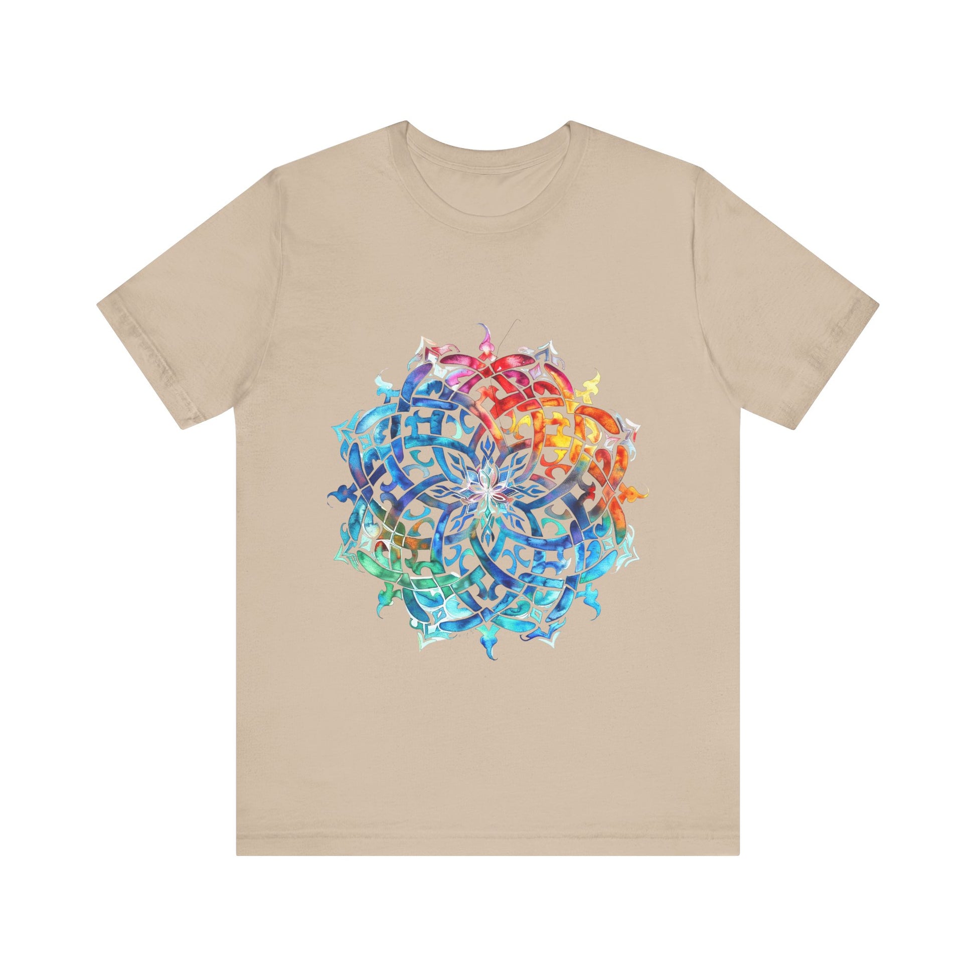 Artistic tee with a radiant rainbow mandala design, available in vibrant color options