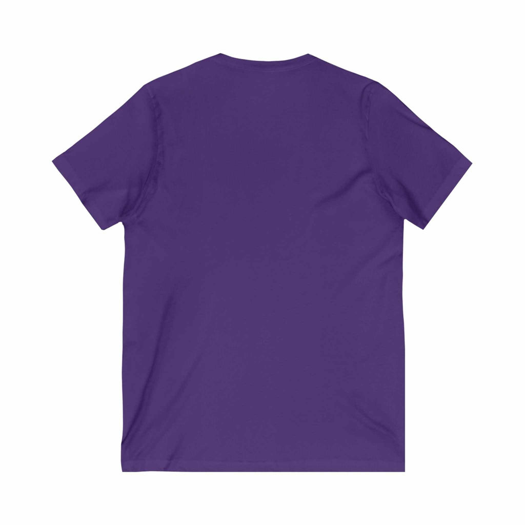 Back view of a magical purple blue fish V-neck tee shirt in solid color with short sleeves and lightweight fabric