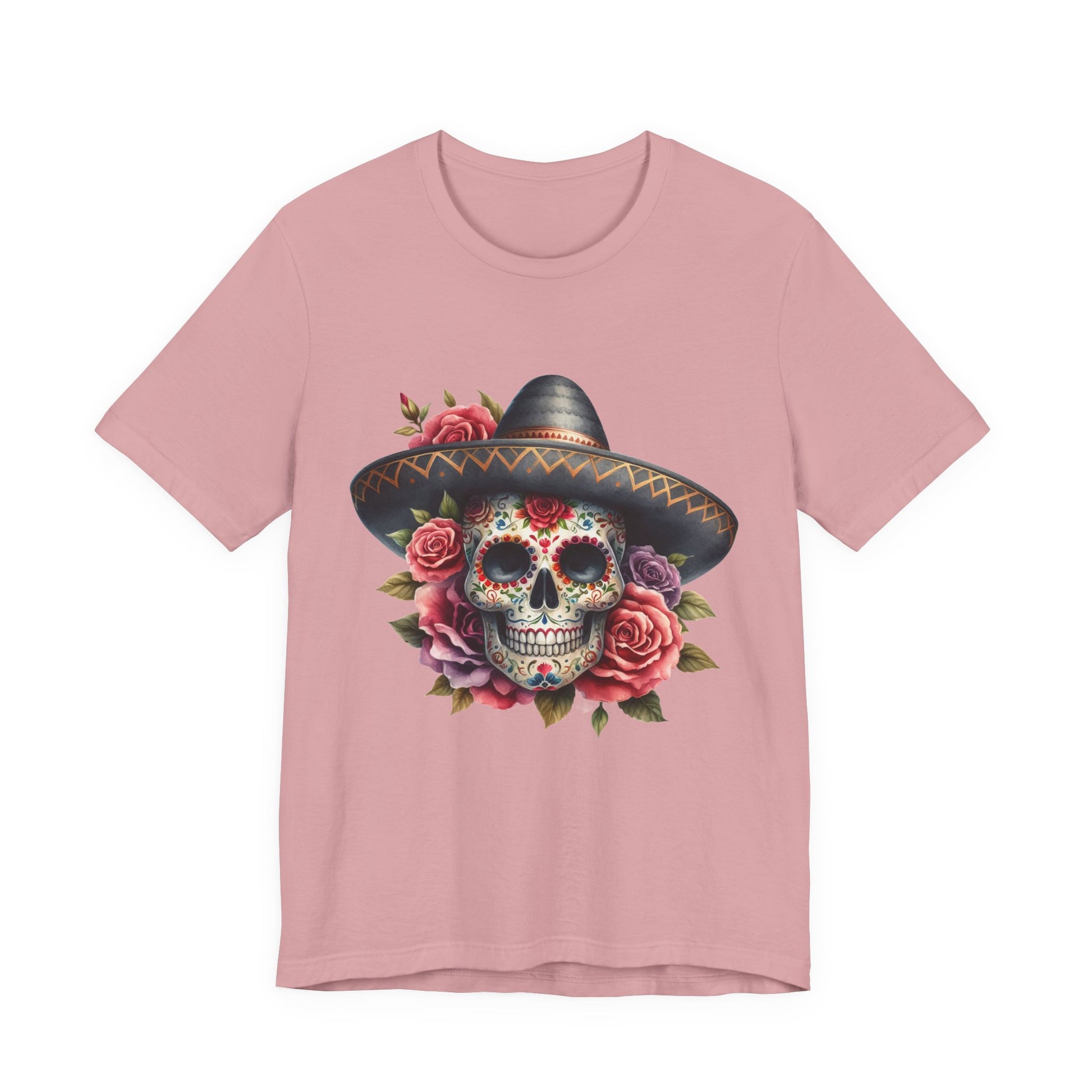 Colorful tee featuring a sugar skull in sombrero and roses for vibrant fiesta vibes