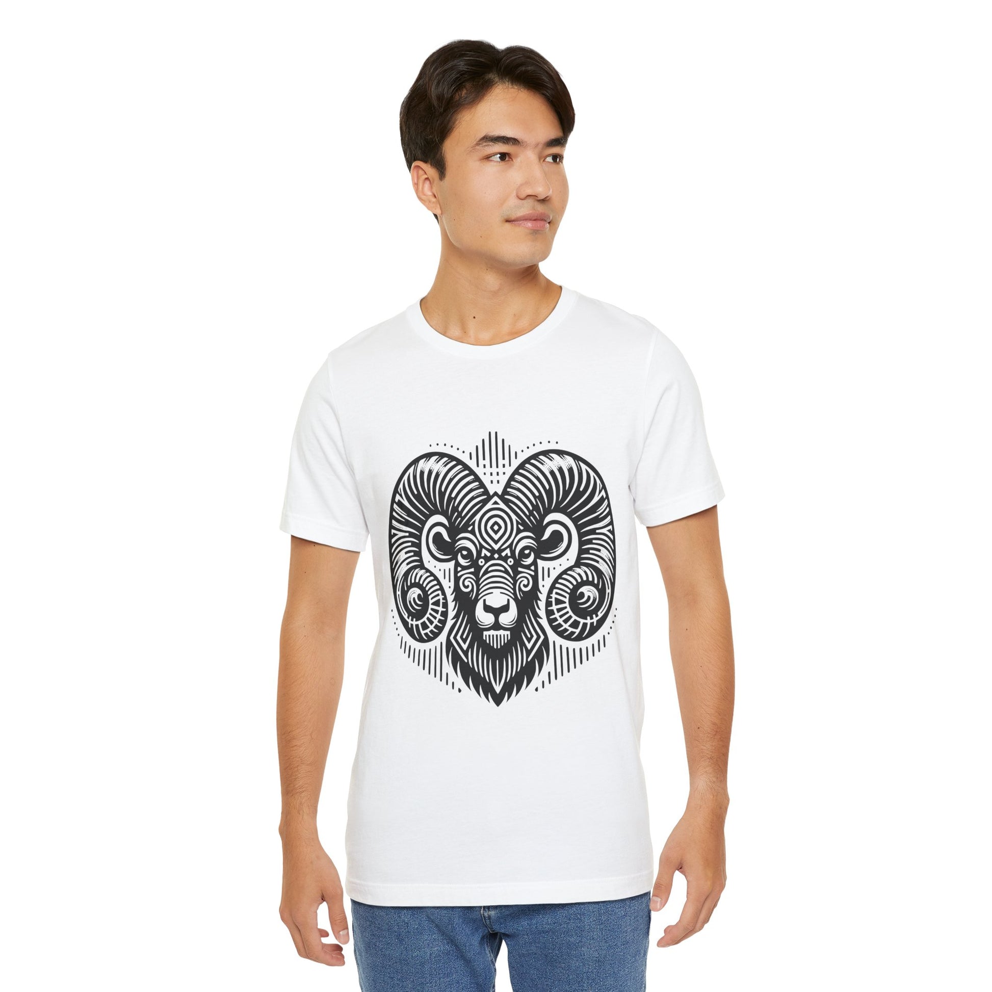 Striking tee with an intricate black tribal ram design, offered in vibrant color options