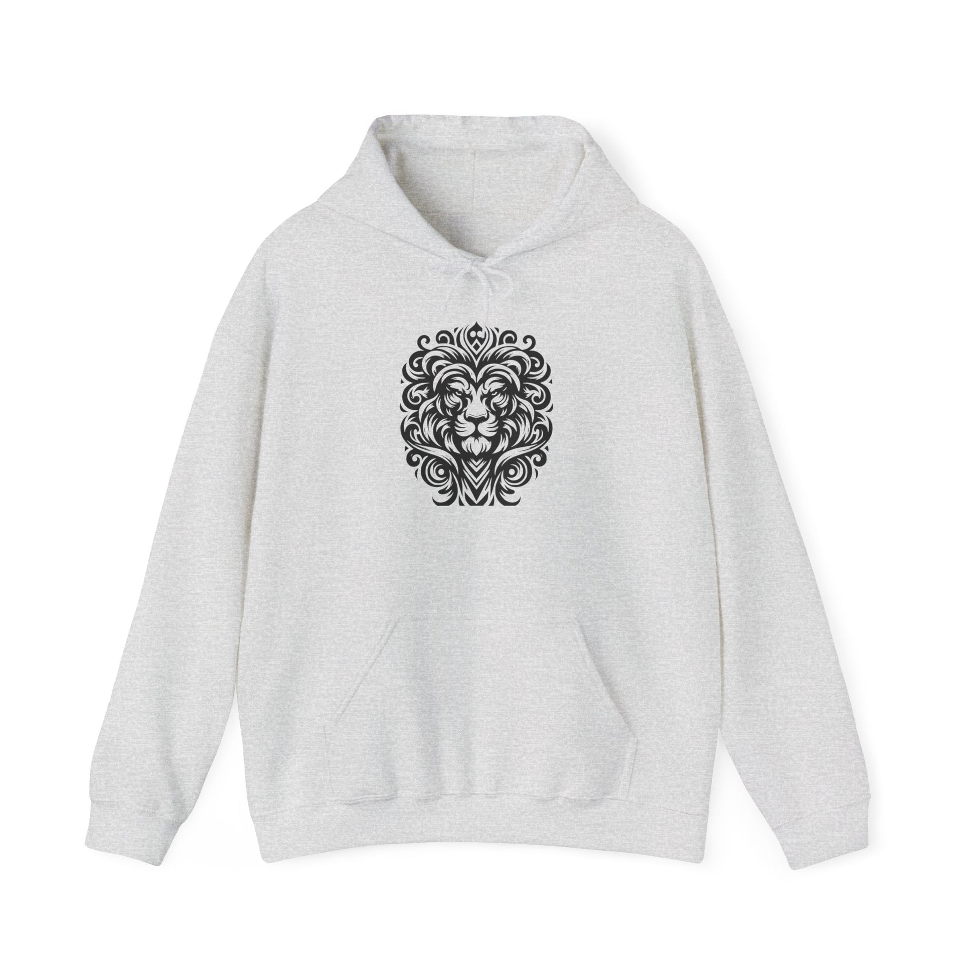 Majestic Tribal Lion Hoodie – Bold Strength in Black Ink Art
