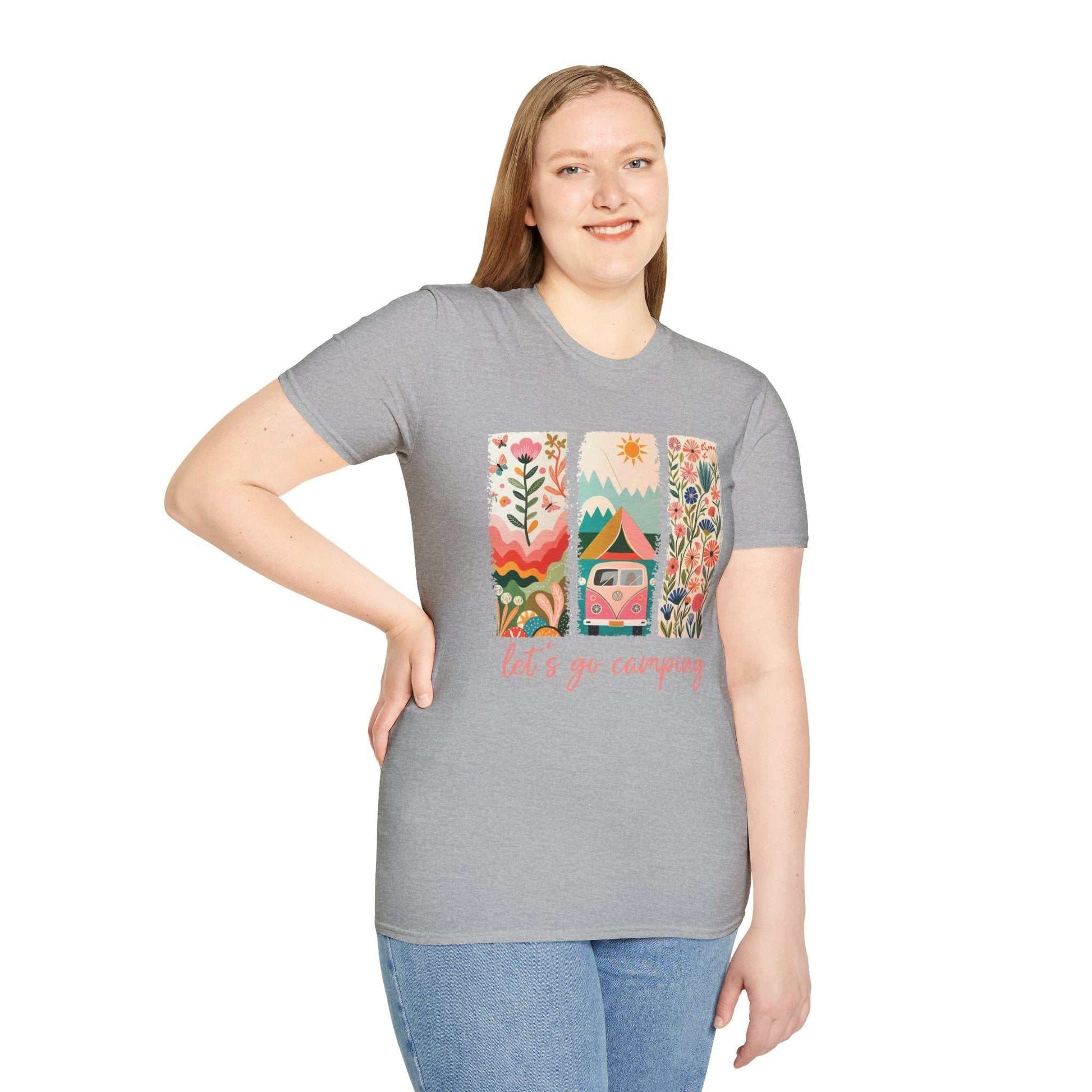 Unisex grey softstyle t-shirt with colorful camping adventure design and "let's go camping" text, worn by smiling woman.
