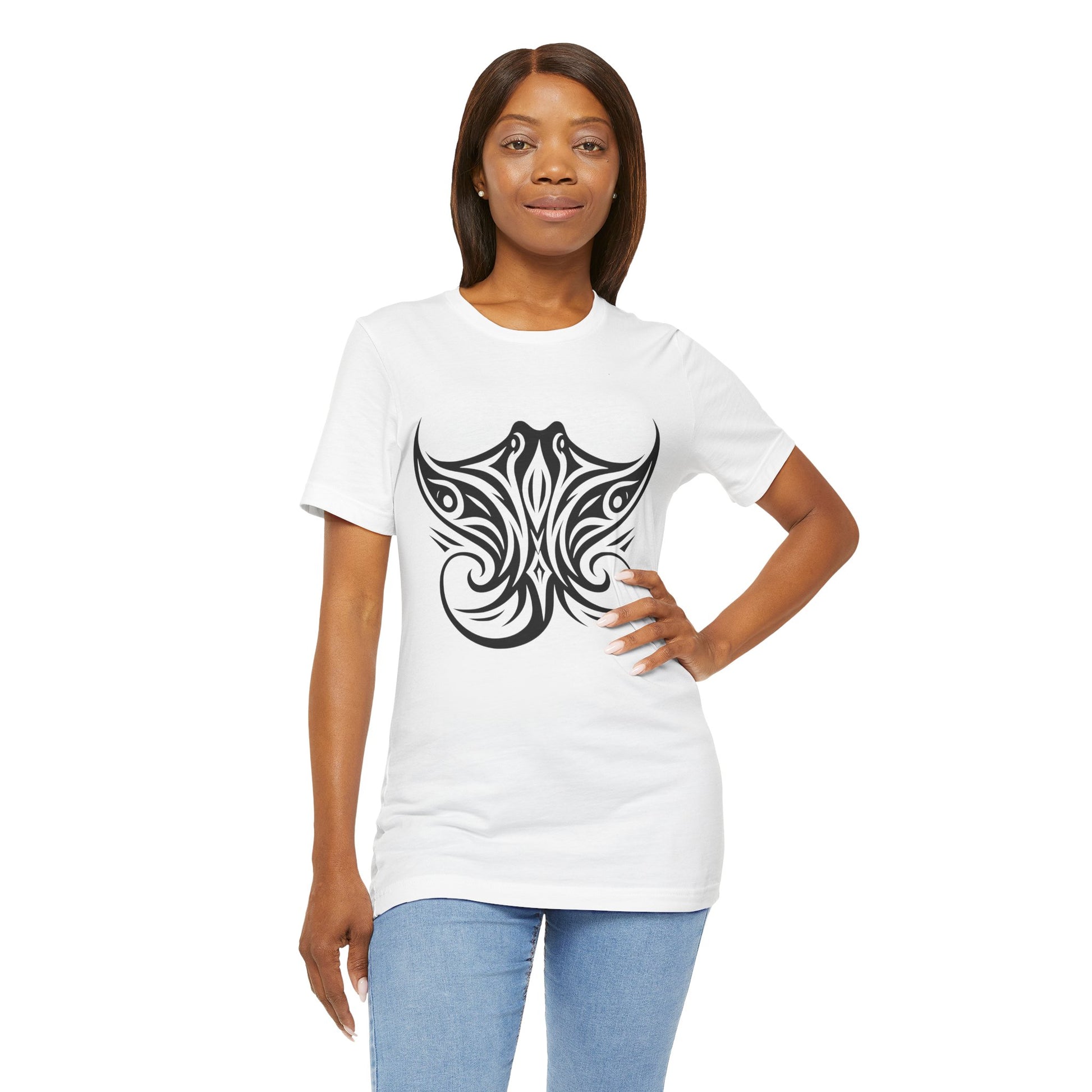 Tribal Manta Ray Tee – Bold Ocean Spirit Art on Sand-Colored Shirt