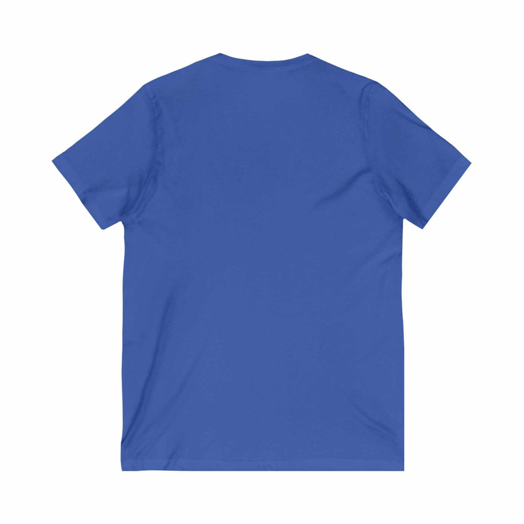 Back view of a plain blue Coral Crown Fish Tee unisex jersey short sleeve t-shirt with a V-neck design.