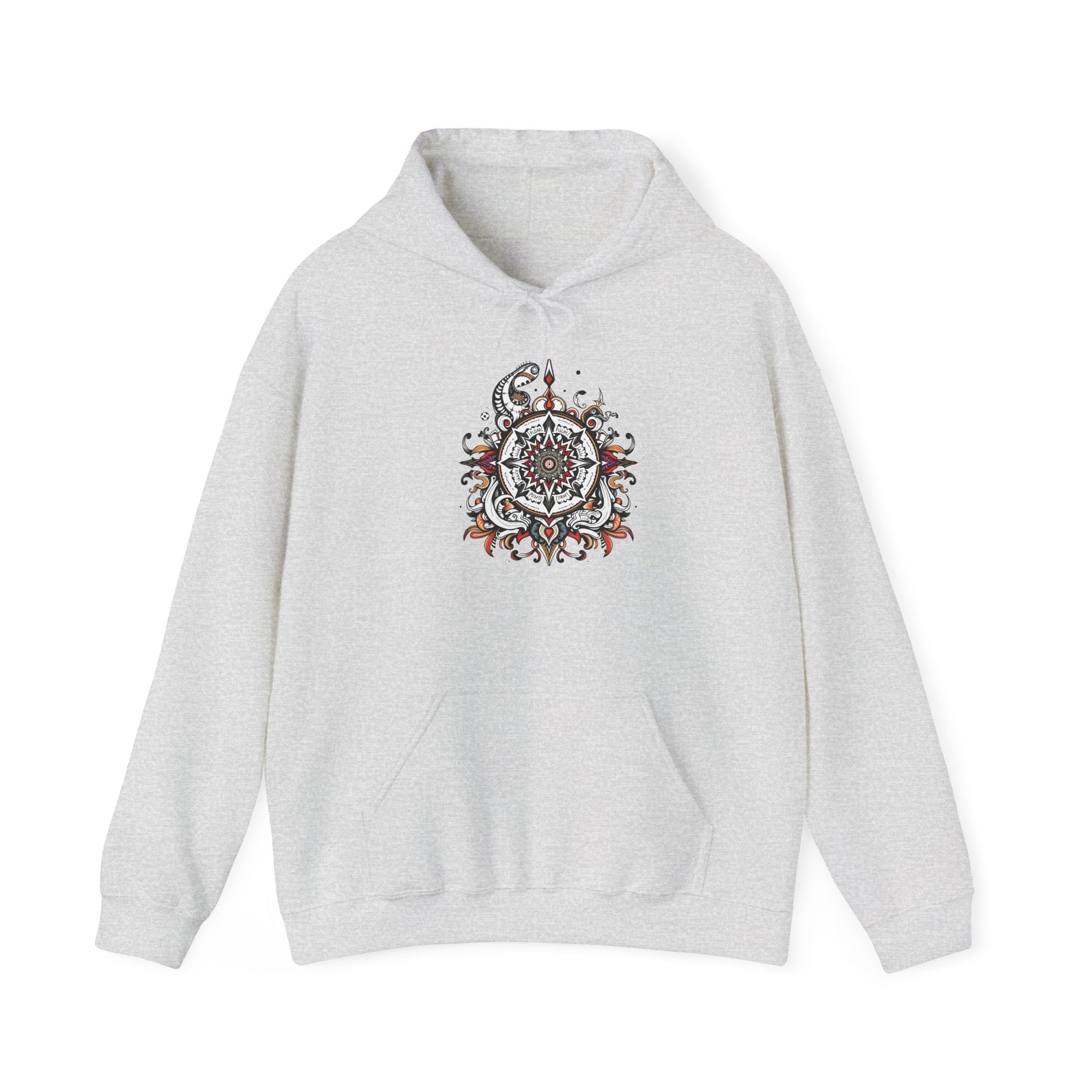 Cozy hoodie featuring a striking black, red, and white mandala, offered in vibrant color choices