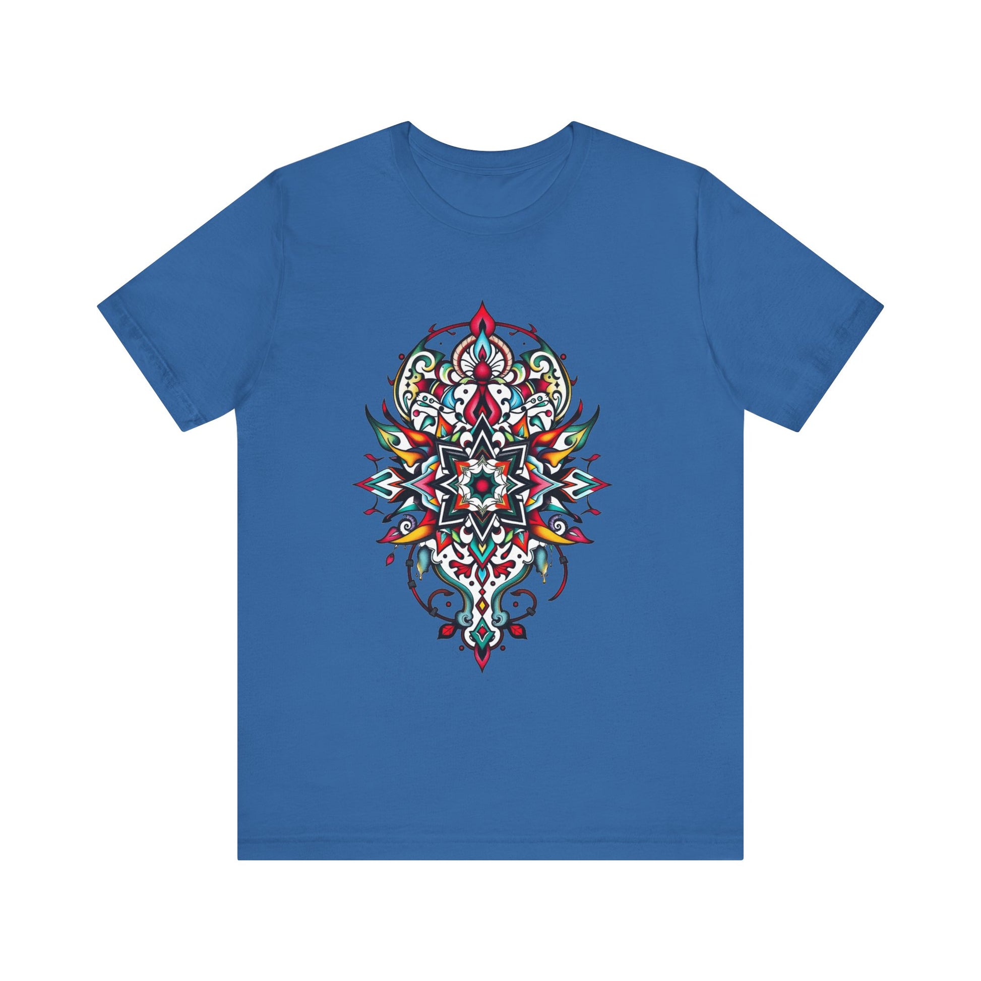 Bold tee featuring a vibrant, intricate mandala design, offered in multiple color options