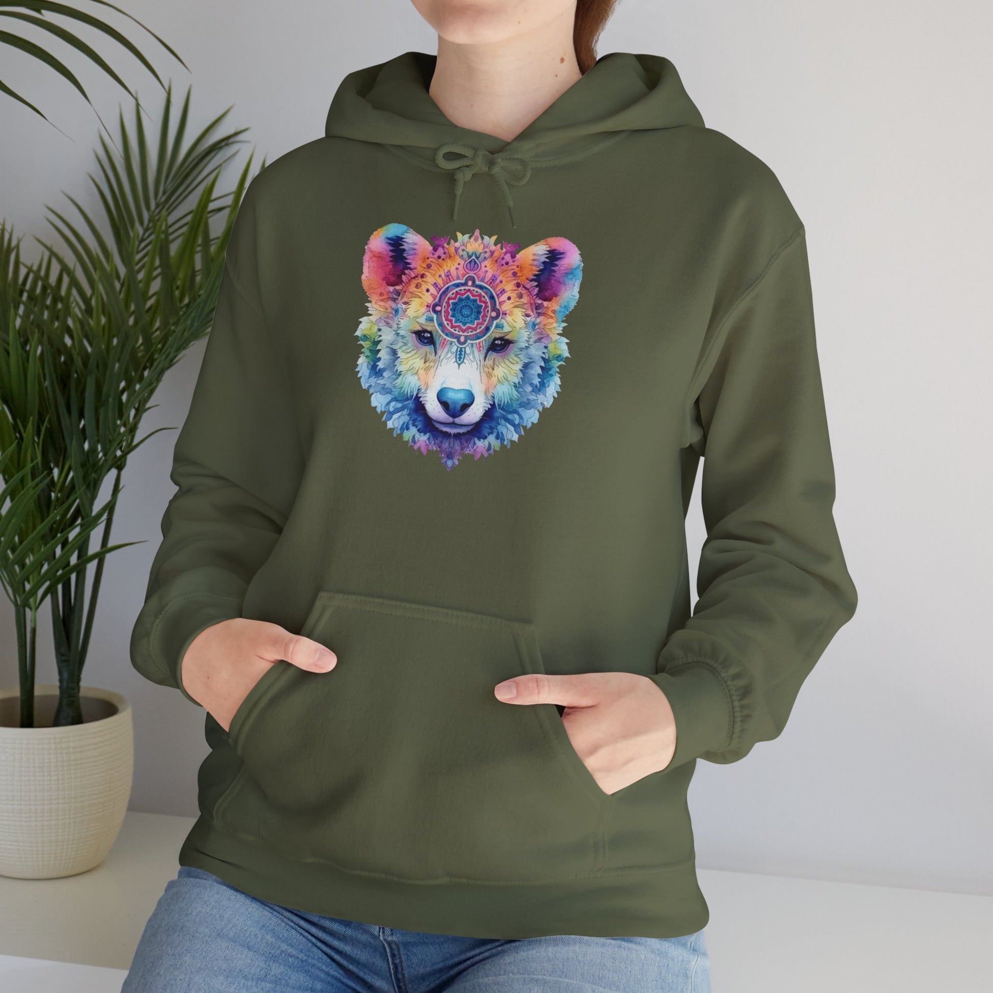Mandala Bear Hoodie – Vibrant Watercolor Animal Art Sweatshirt for Bold, Free-Spirited Souls