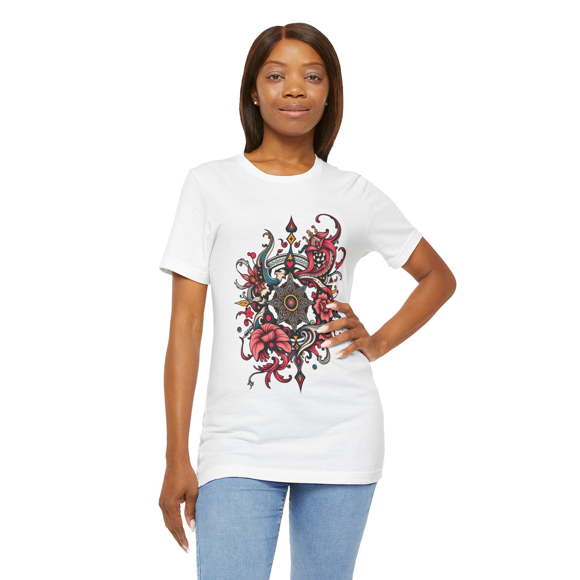 Vibrant tee with ornate red floral mandala design, offered in multiple bold color options