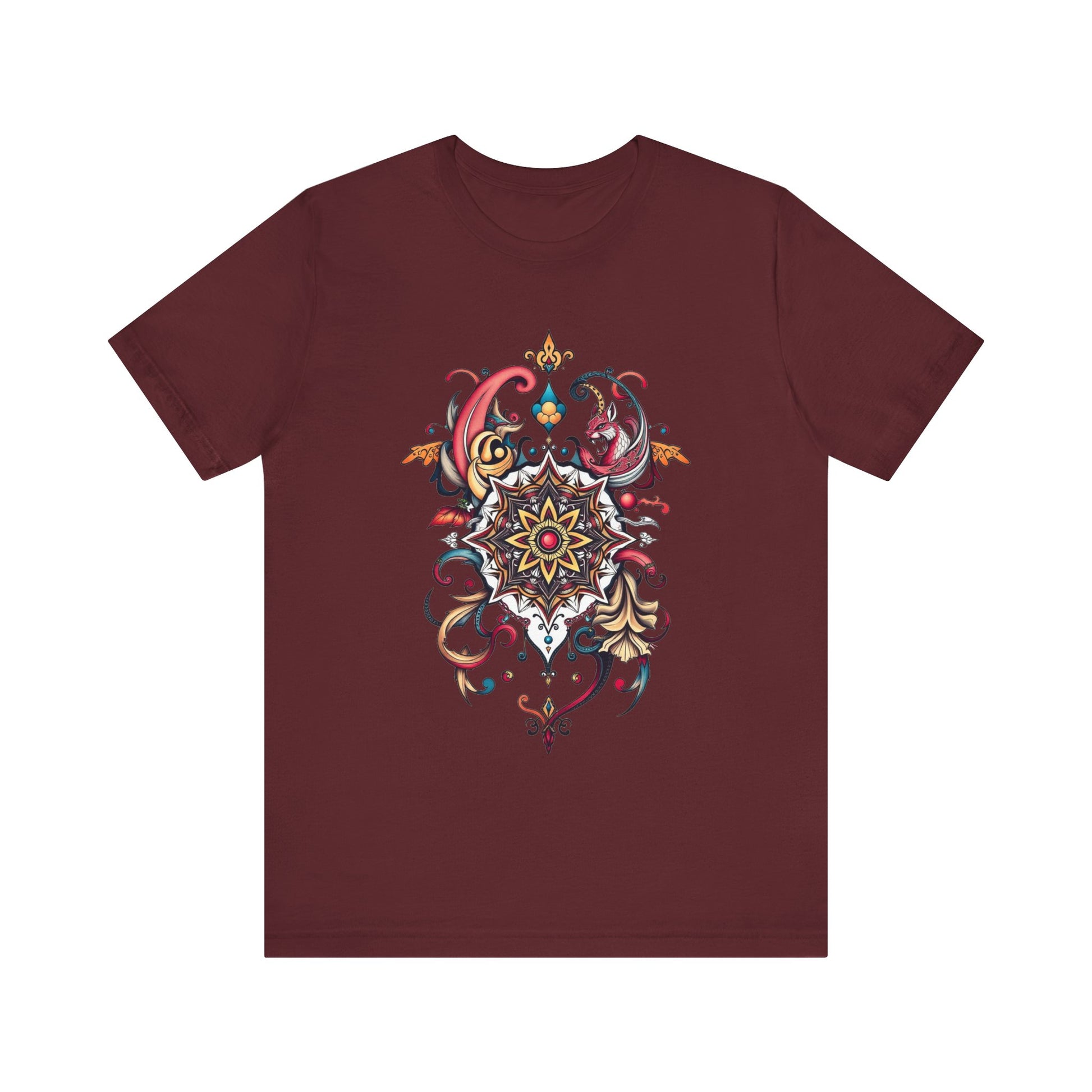 Vibrant tee with swirling mandala in reds, golds, and teal, available in many colors