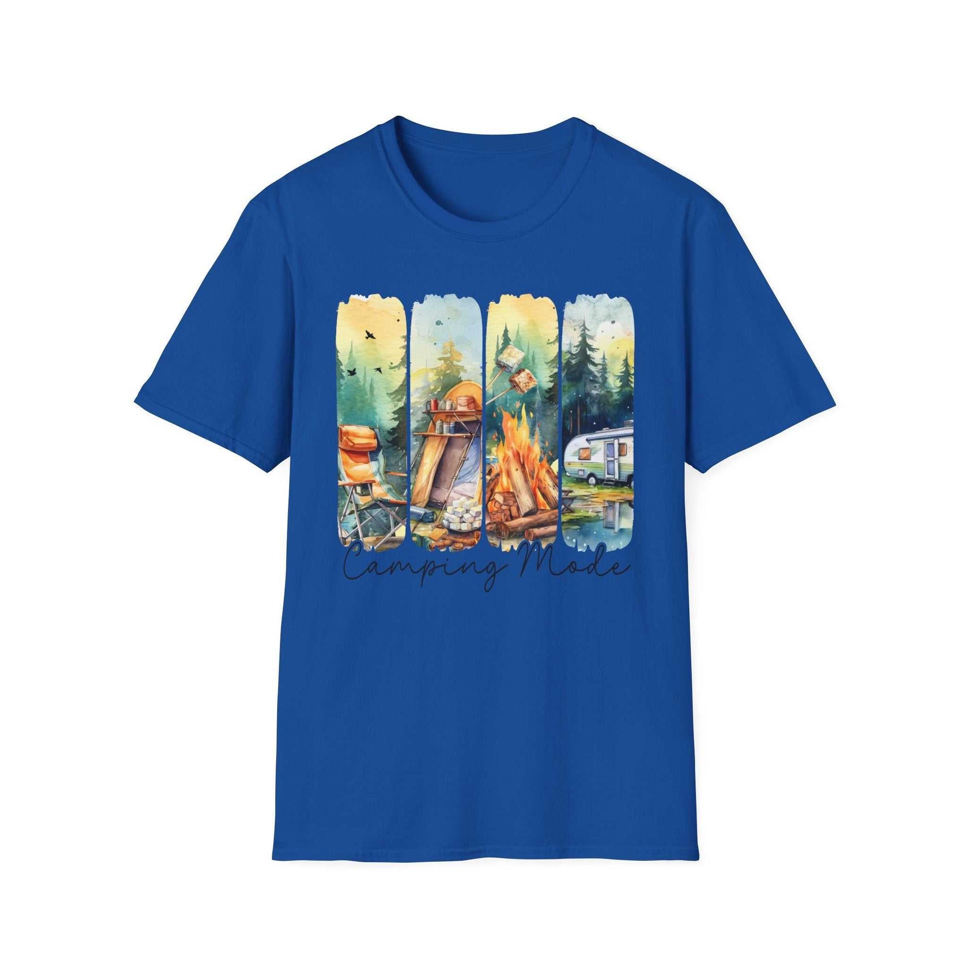 Blue Camping Adventure Unisex T-Shirt with forest, campfire, and camping trailer graphic design