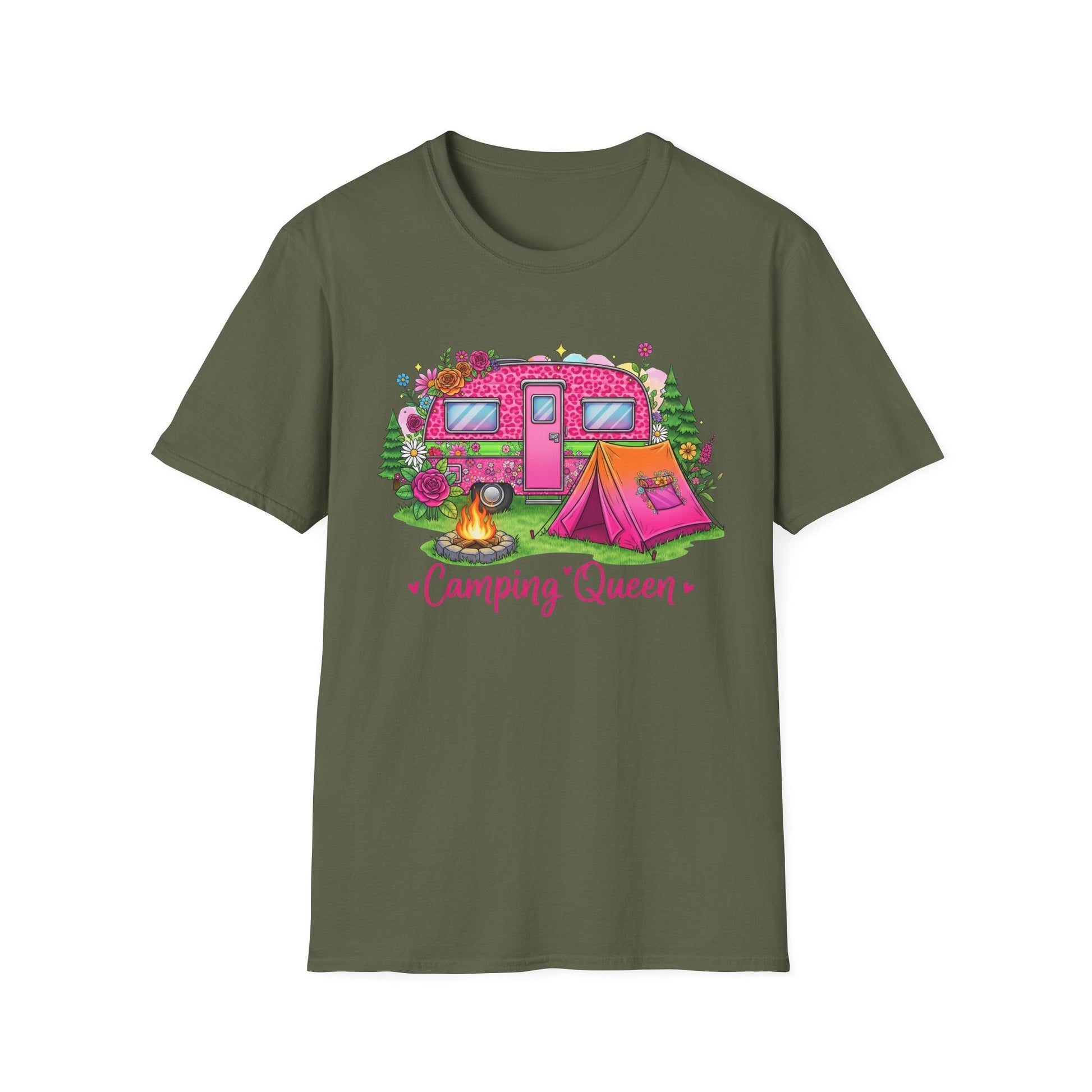 Olive green Camping Queen T-Shirt with colorful camper, pink tent, campfire, and floral design.