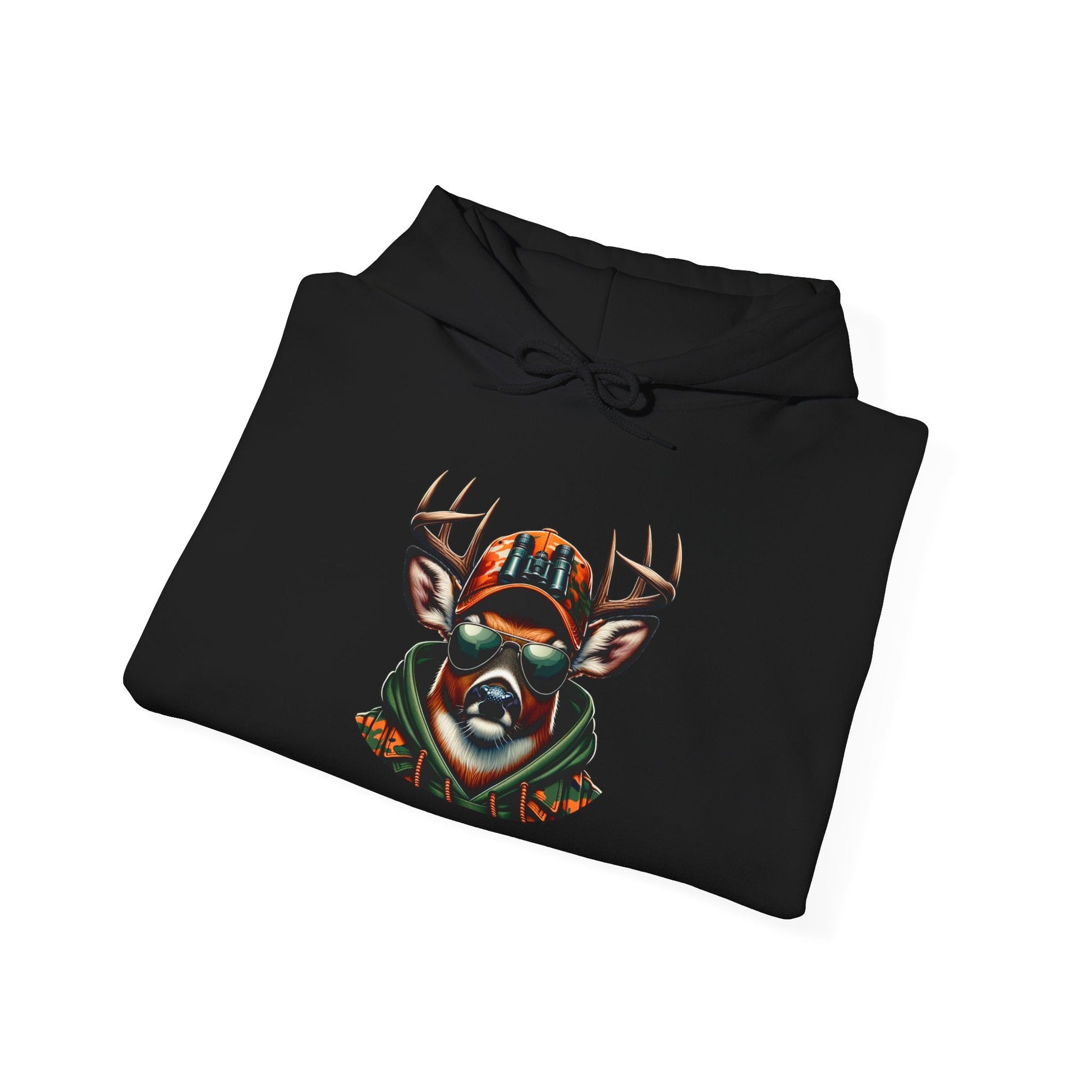 Black hooded sweatshirt with bold deer design wearing sunglasses and an orange cap.