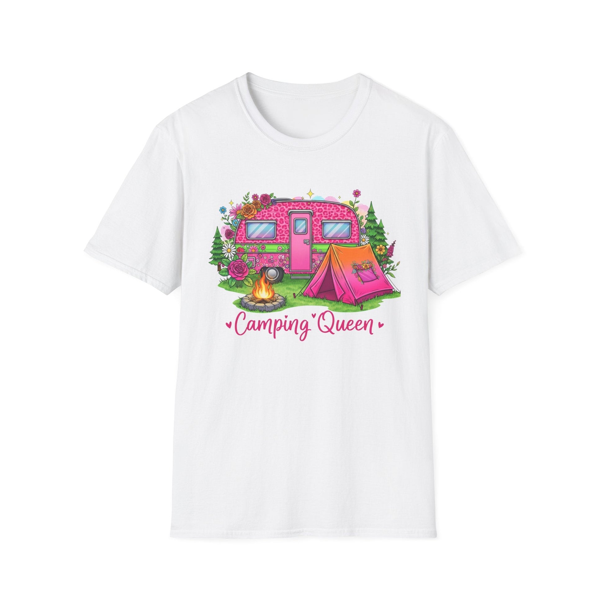 White Camping Queen T-Shirt with pink camper, tent, campfire, and floral design