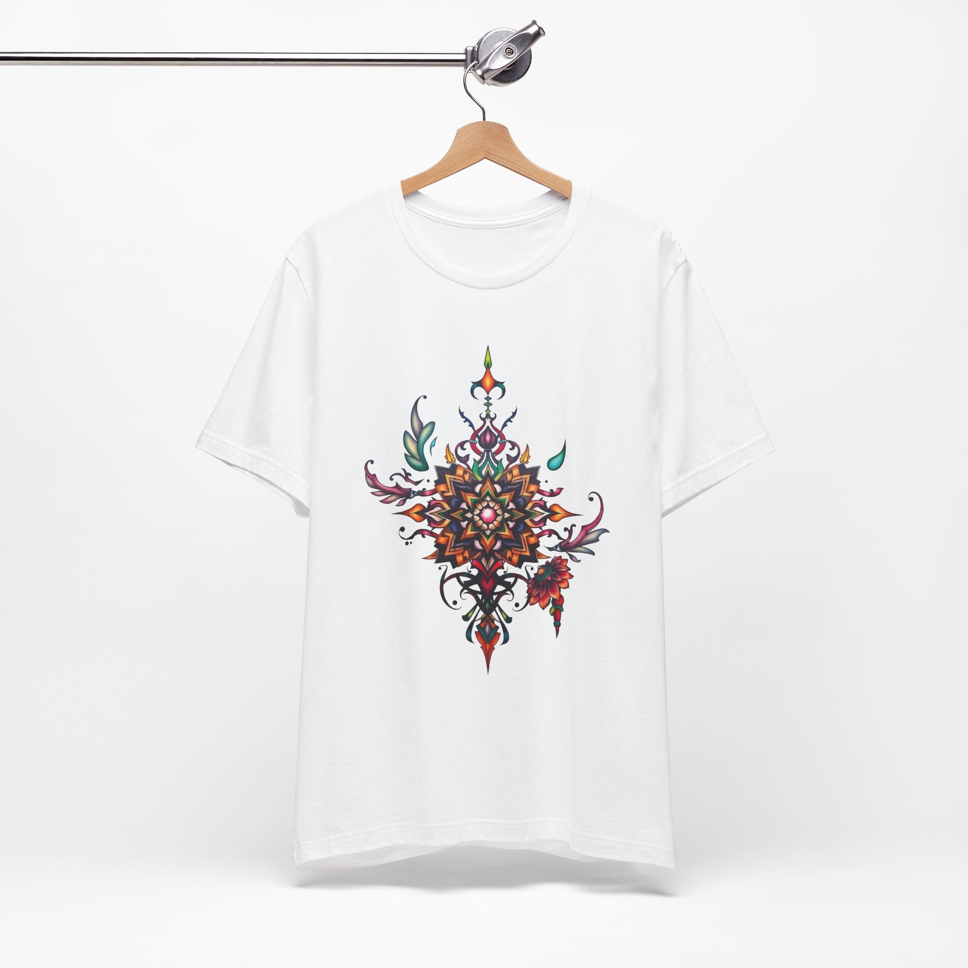 Colorful tee with an ornate mandala and floral design, available in vibrant color options