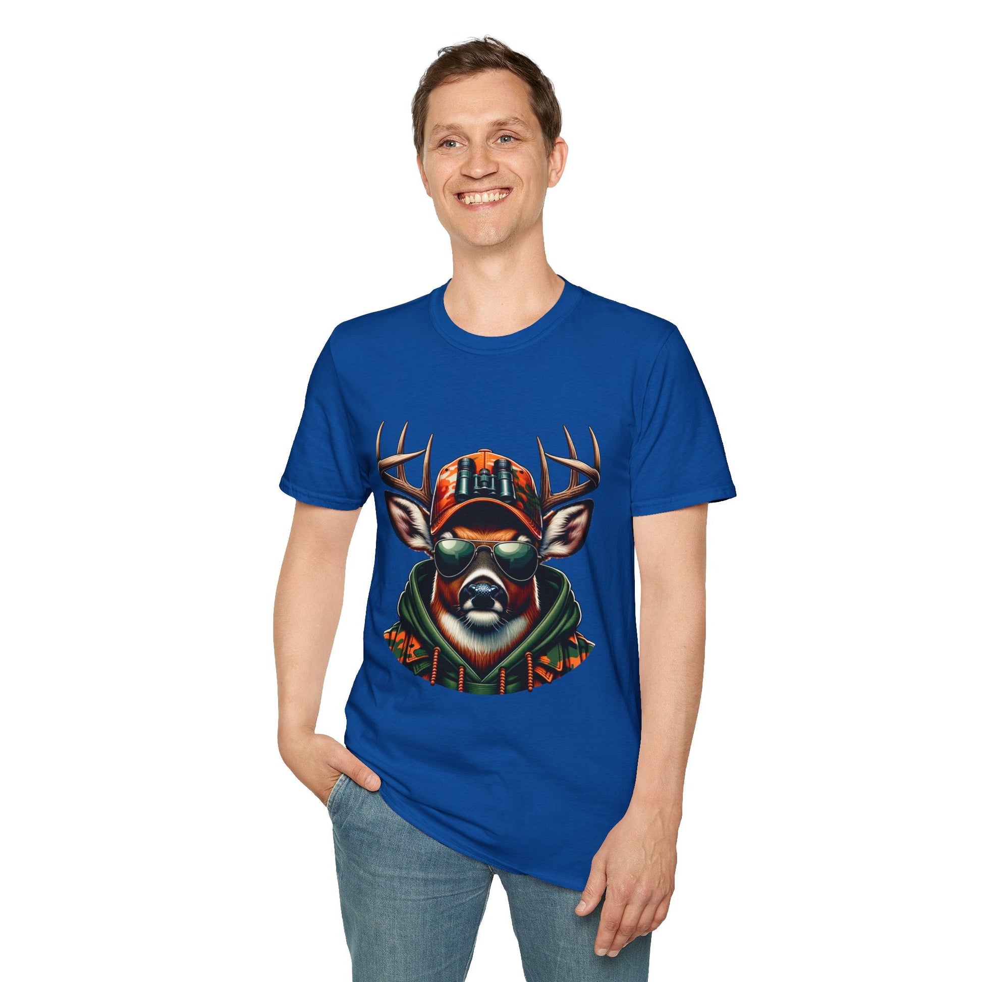 Man wearing blue hunting enthusiast t-shirt with deer graphic in sunglasses and cap