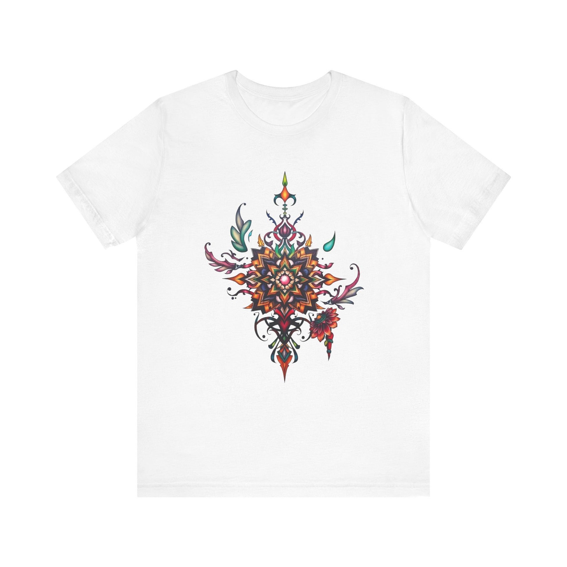 Colorful tee with an ornate mandala and floral design, available in vibrant color options