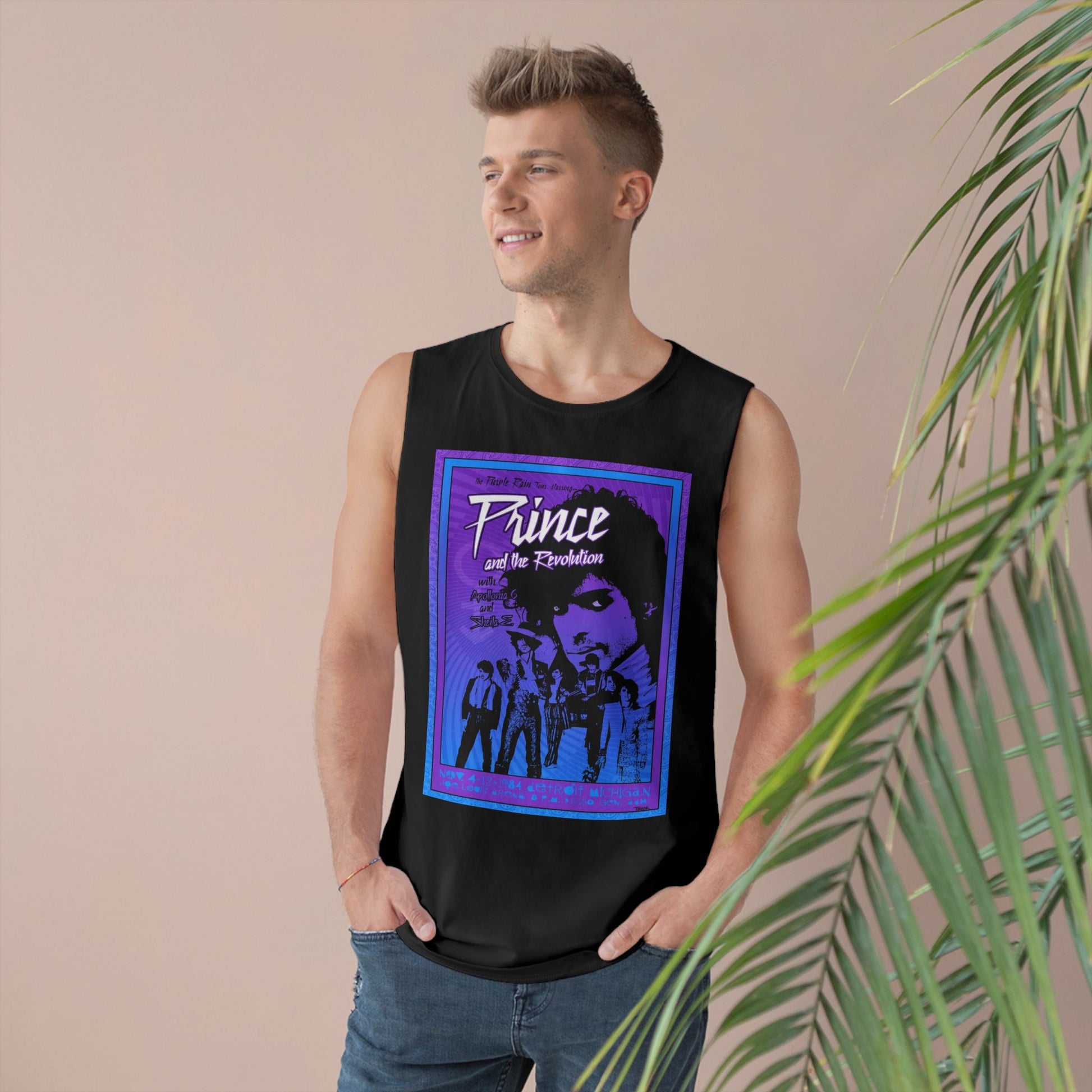 Unisex muscle tank featuring a vibrant retro Prince and the Revolution concert graphic for true music lovers