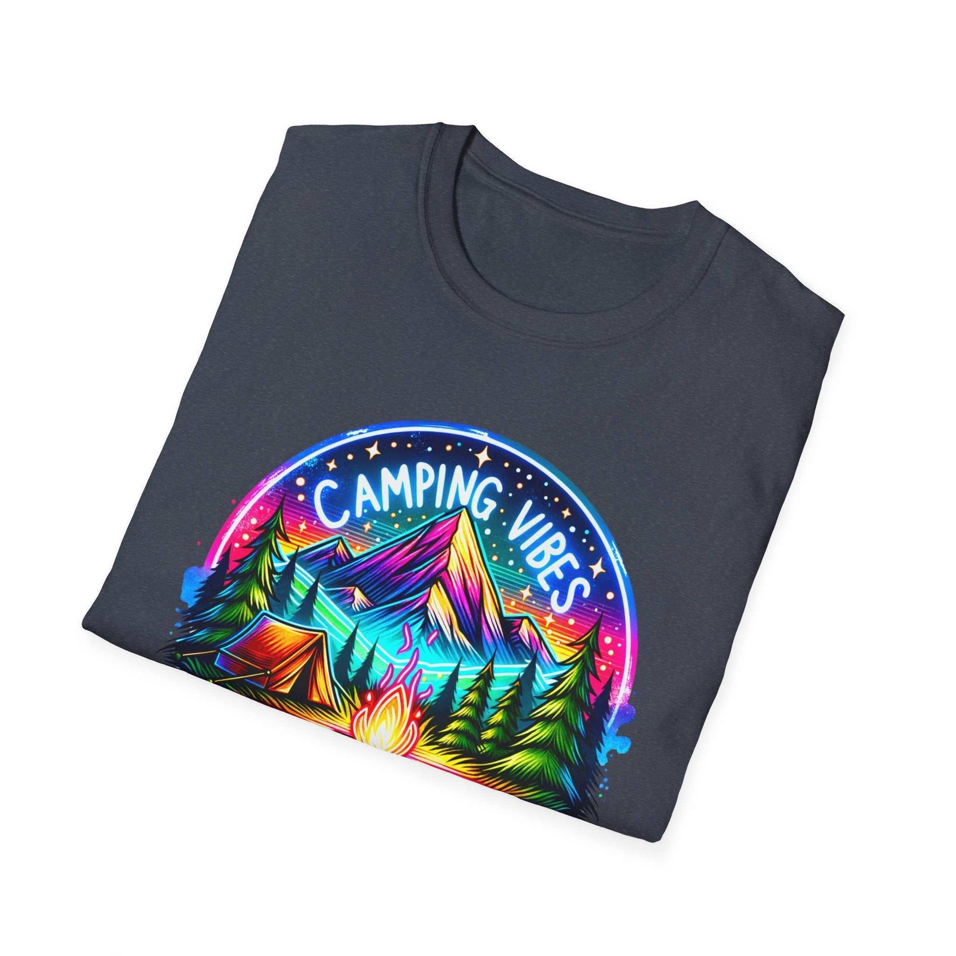 Unisex softstyle t-shirt with vibrant Camping Vibes graphic featuring mountains, campfire, and trees on dark fabric.