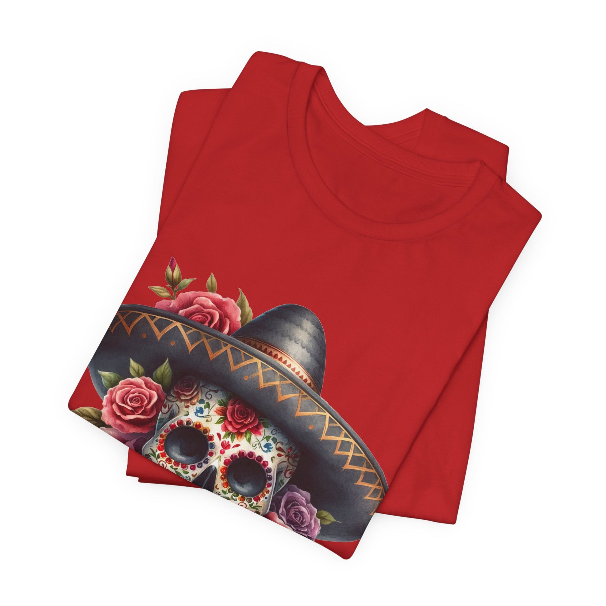 Colorful tee featuring a sugar skull in sombrero and roses for vibrant fiesta vibes