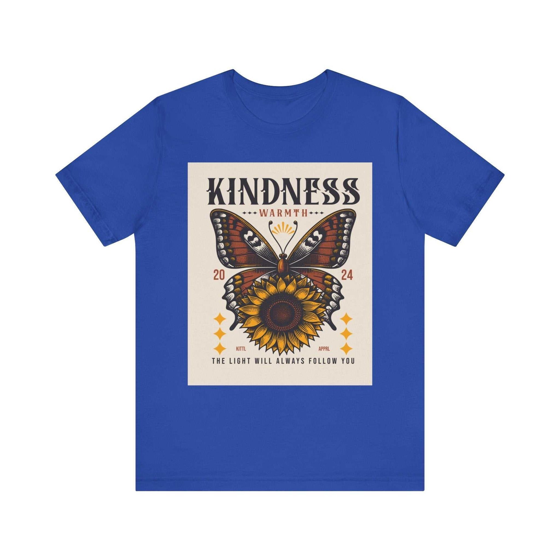 Blue Kindness Butterfly Tee with sunflower and butterfly graphic and positive message design