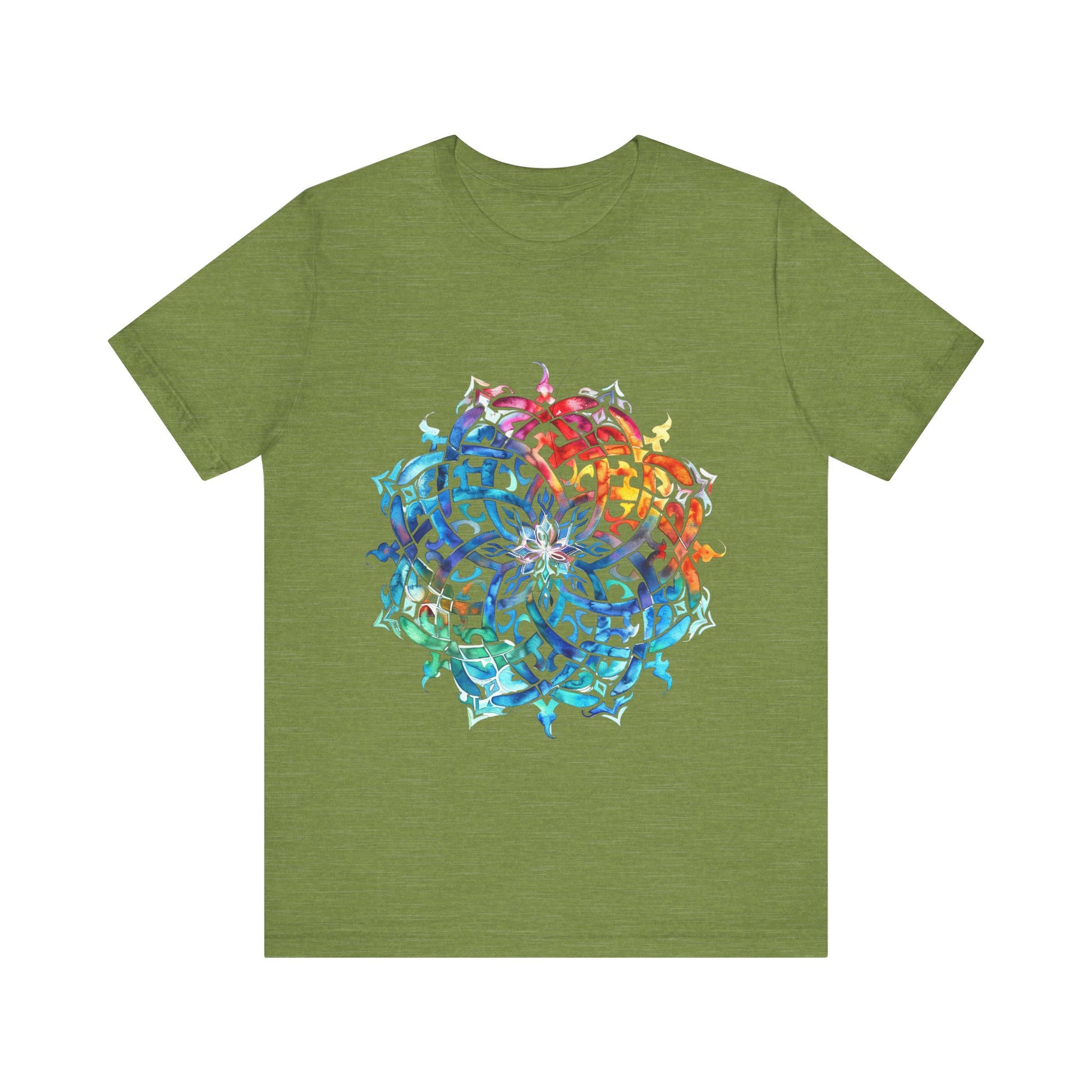 Artistic tee with a radiant rainbow mandala design, available in vibrant color options
