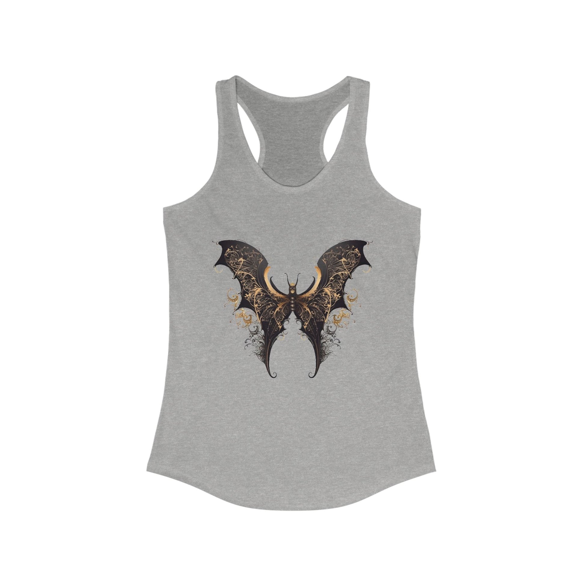 Racerback tank with an elegant black and gold bat-wing motif for daring boho style
