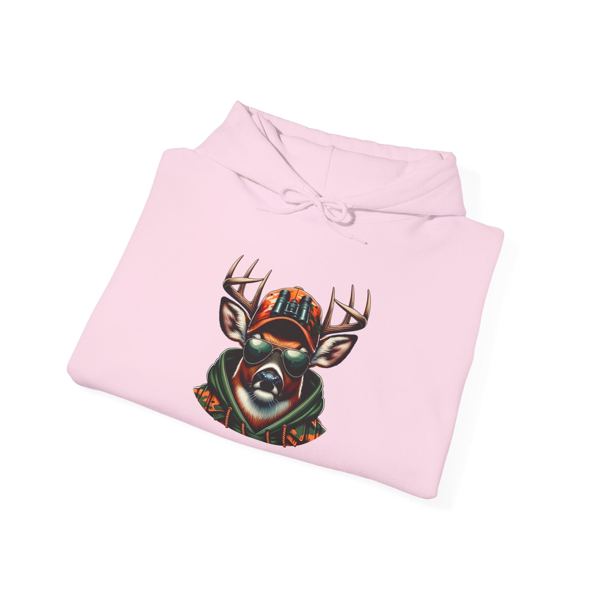 Pink hooded sweatshirt featuring a bold graphic design of a deer wearing sunglasses and a hat.