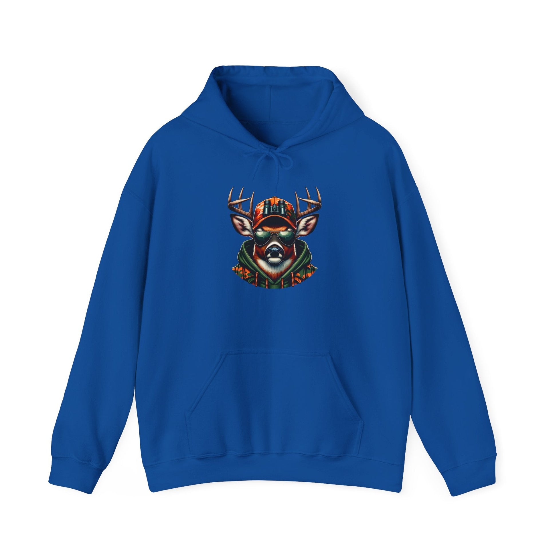 Blue hooded sweatshirt with bold colorful deer graphic and kangaroo pocket