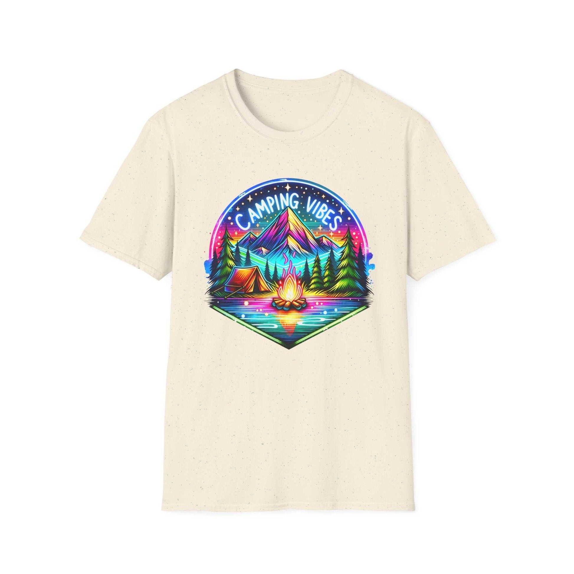 Unisex softstyle t-shirt with vibrant Camping Vibes mountain and campfire design, 100% cotton.