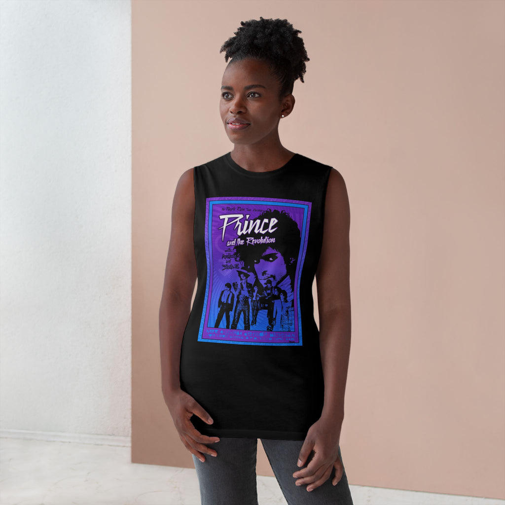 Unisex muscle tank featuring a vibrant retro Prince and the Revolution concert graphic for true music lovers