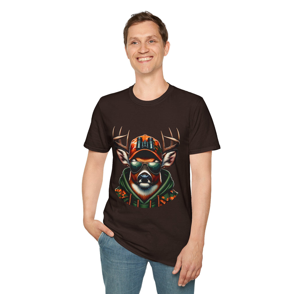 Man wearing black Hunting Enthusiast T-Shirt with cool deer graphic and sunglasses