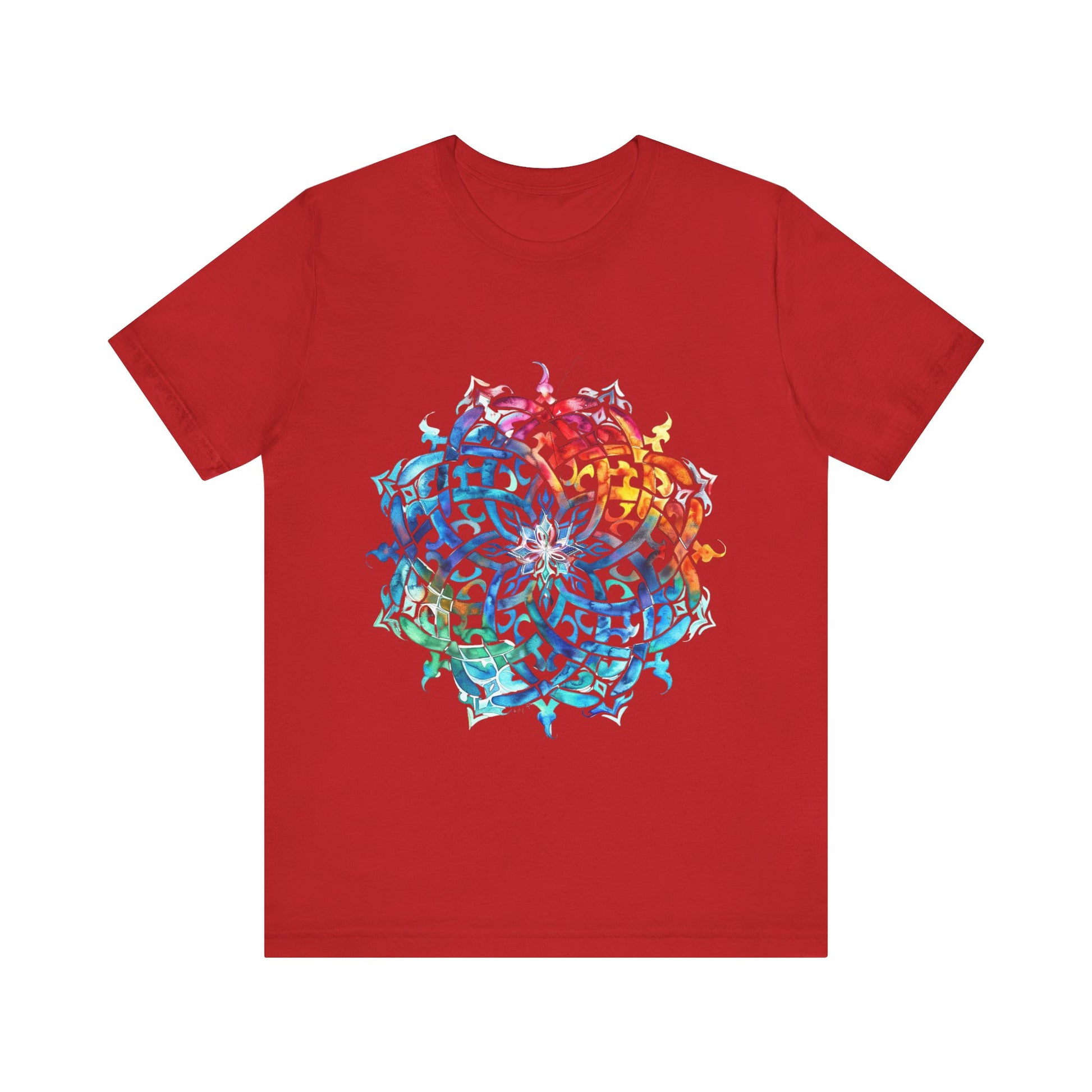 Artistic tee with a radiant rainbow mandala design, available in vibrant color options