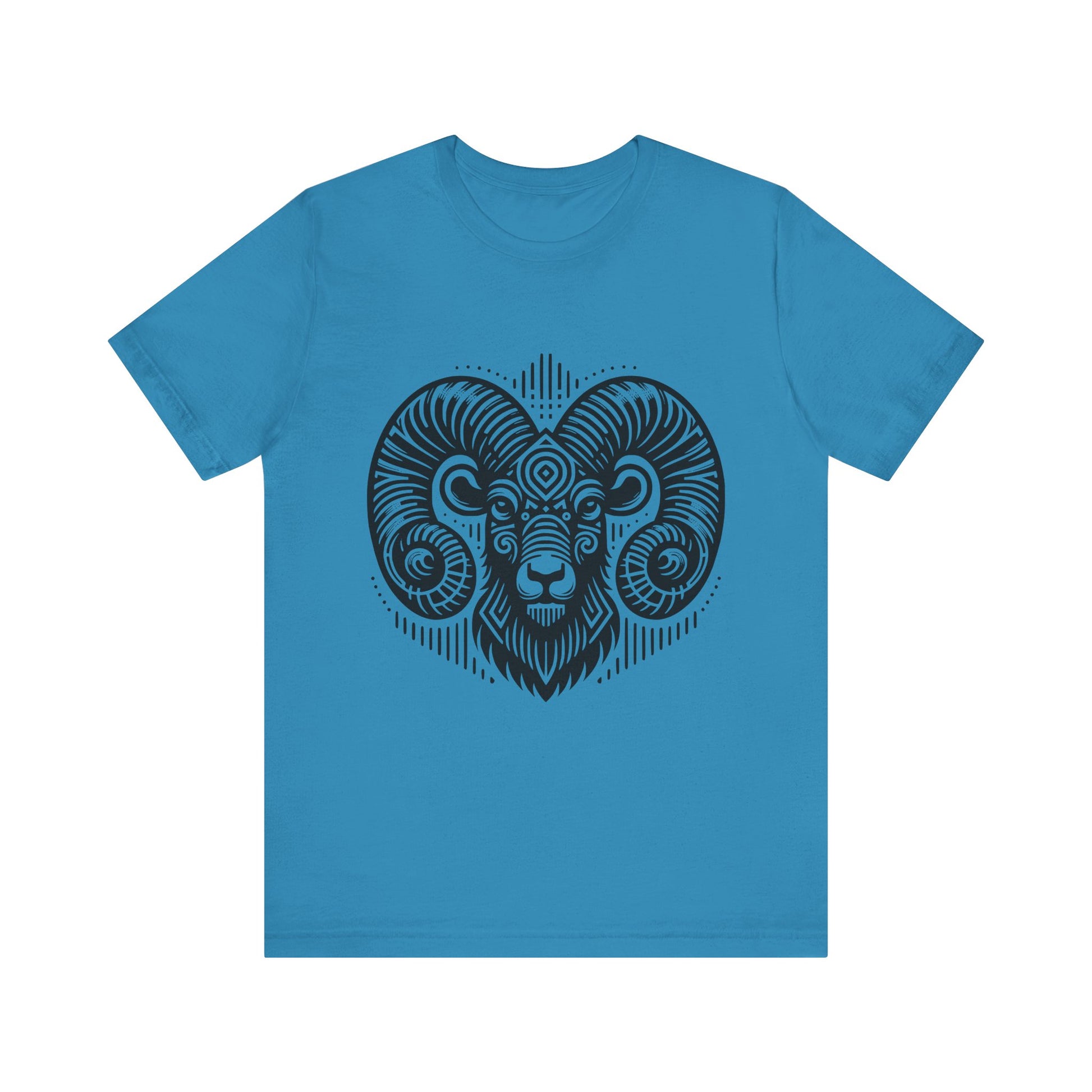 Striking tee with an intricate black tribal ram design, offered in vibrant color options