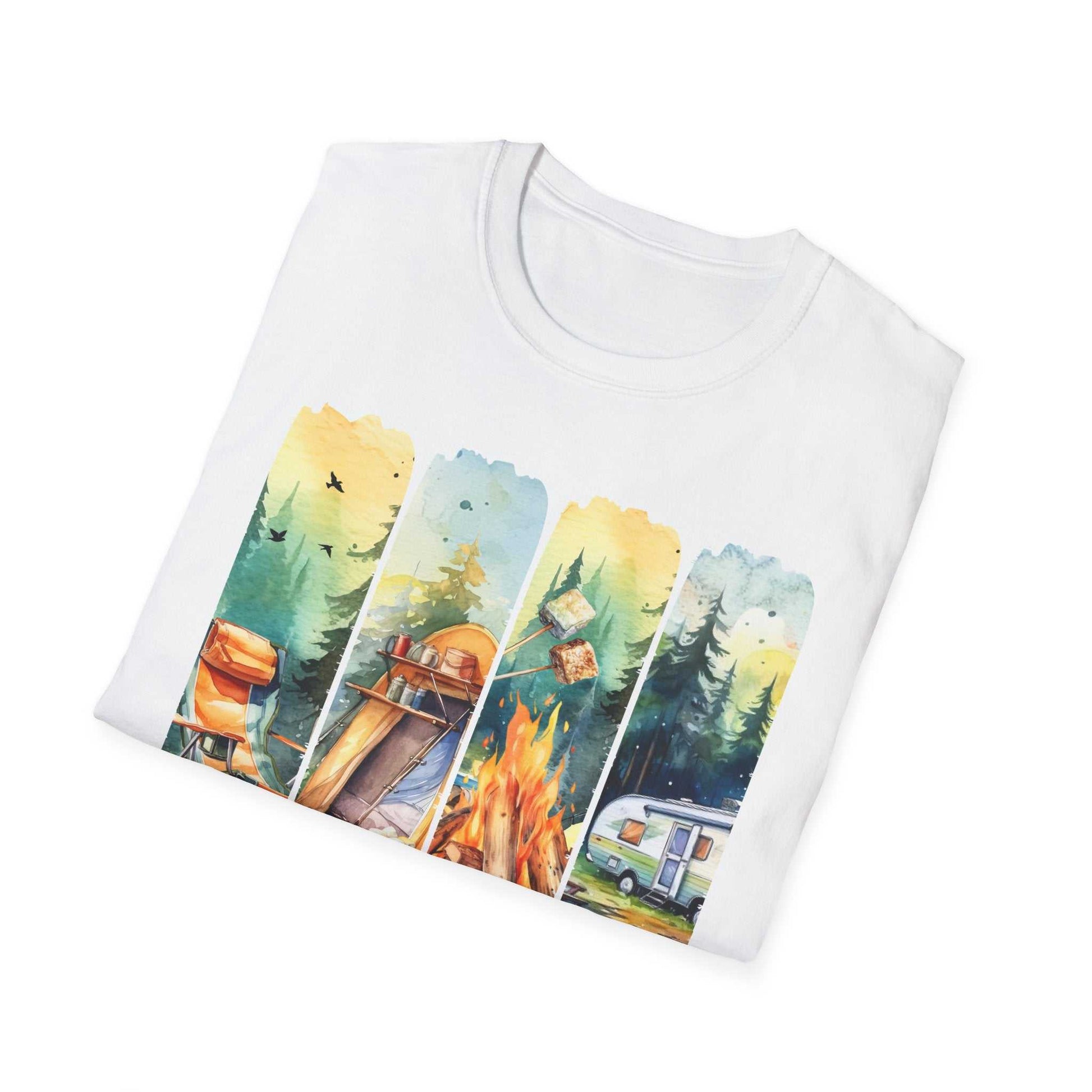 White Camping Adventure Unisex T-Shirt with colorful outdoor camping design featuring tent, campfire, and trailer, made from soft lightweight cotton.