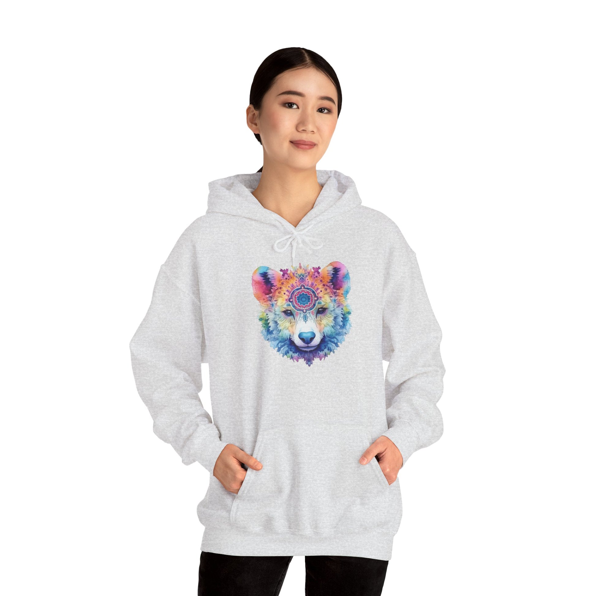 Mandala Bear Hoodie – Vibrant Watercolor Animal Art Sweatshirt for Bold, Free-Spirited Souls