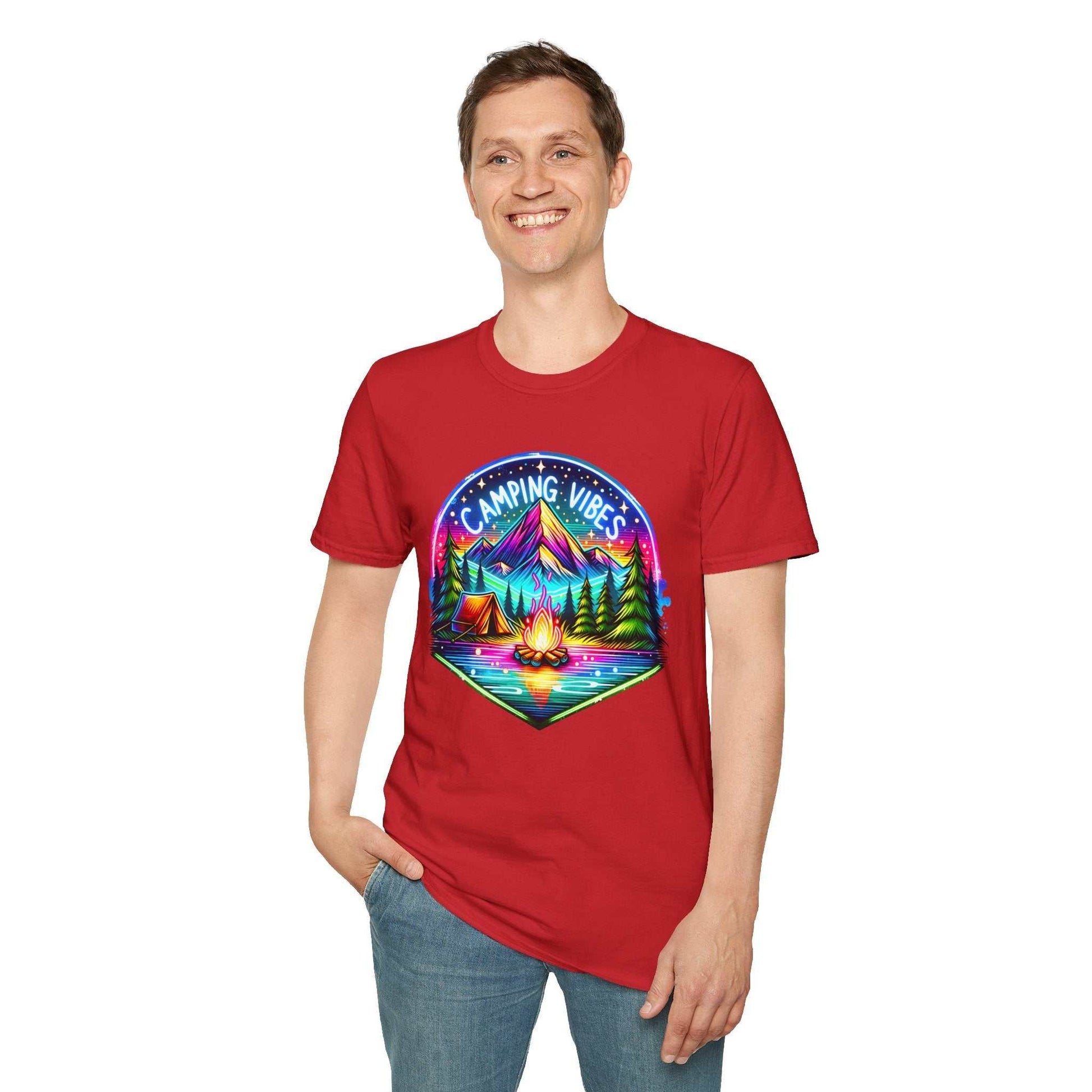 Man wearing red Camping Vibes Unisex softstyle t-shirt with colorful camping design