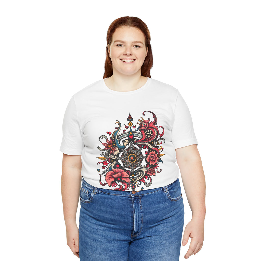Vibrant tee with ornate red floral mandala design, offered in multiple bold color options