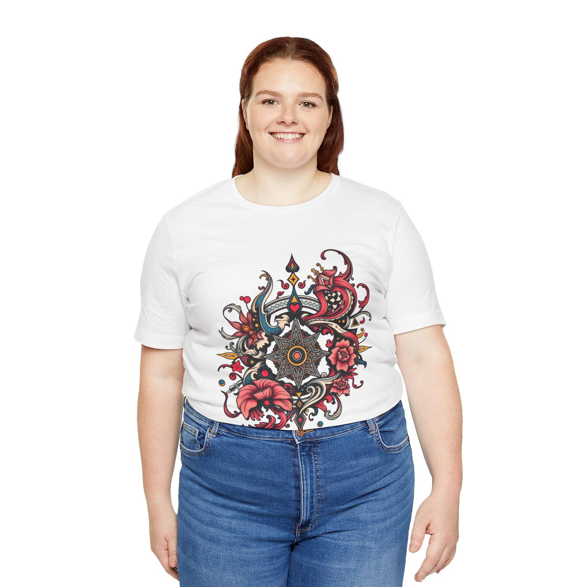 Vibrant tee with ornate red floral mandala design, offered in multiple bold color options