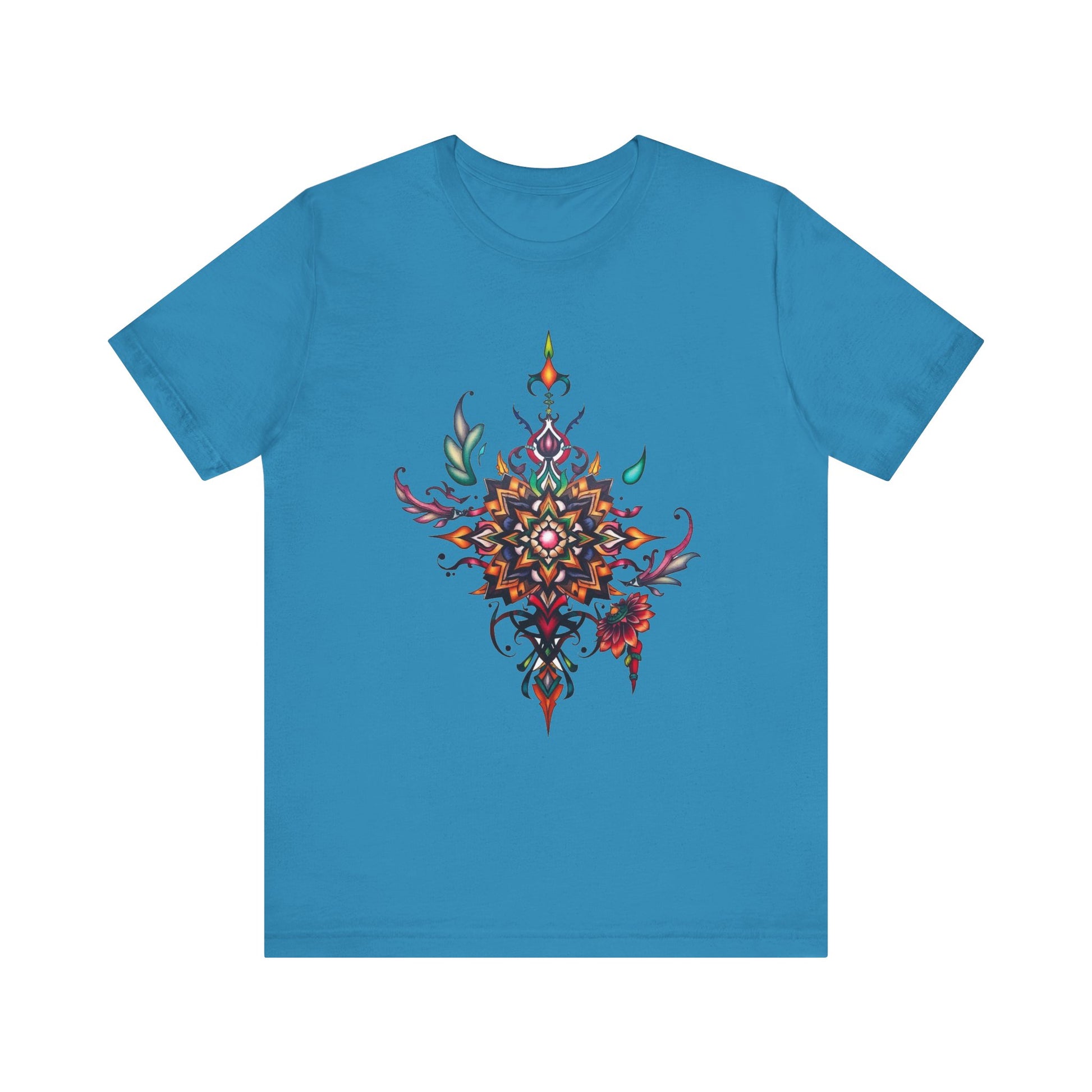 Colorful tee with an ornate mandala and floral design, available in vibrant color options