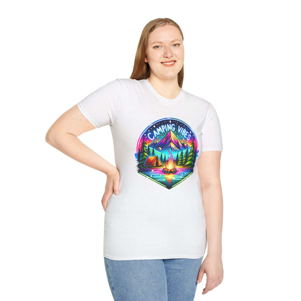Woman wearing white Camping Vibes Unisex softstyle t-shirt with colorful mountain and campfire design