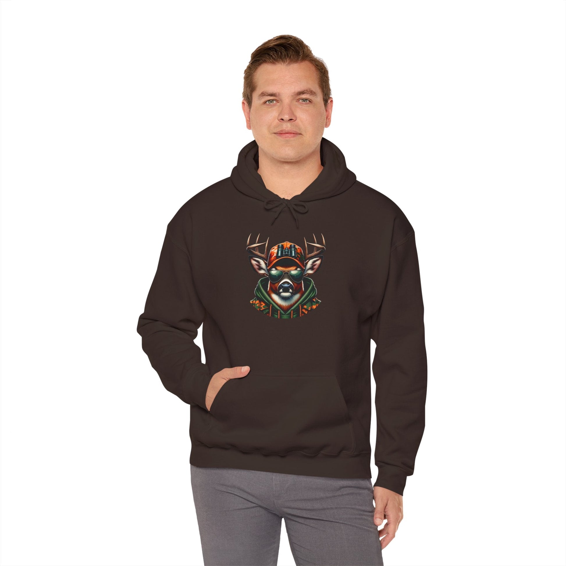 Man wearing black hooded sweatshirt with bold colorful deer design and kangaroo pocket