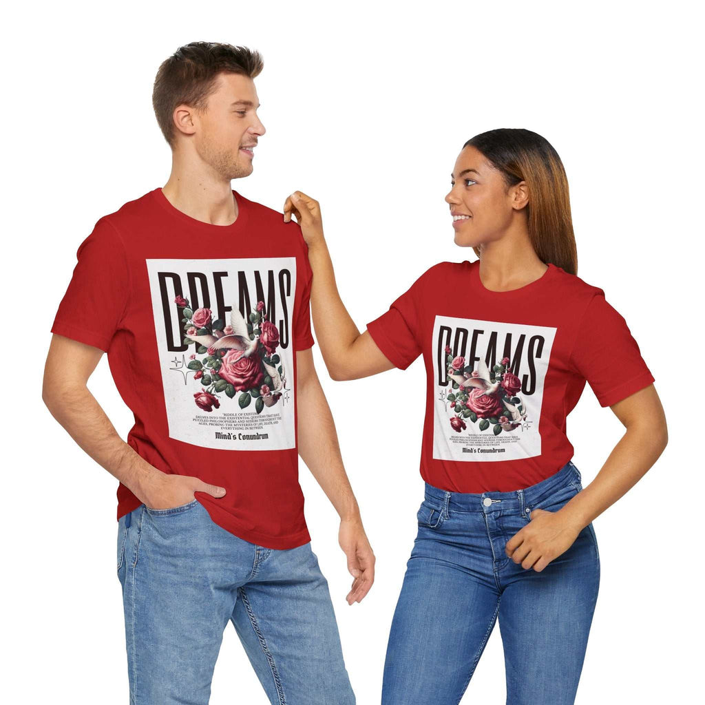Couple wearing red Dreams Floral Tee with bold typography and floral design, styled casually with jeans.