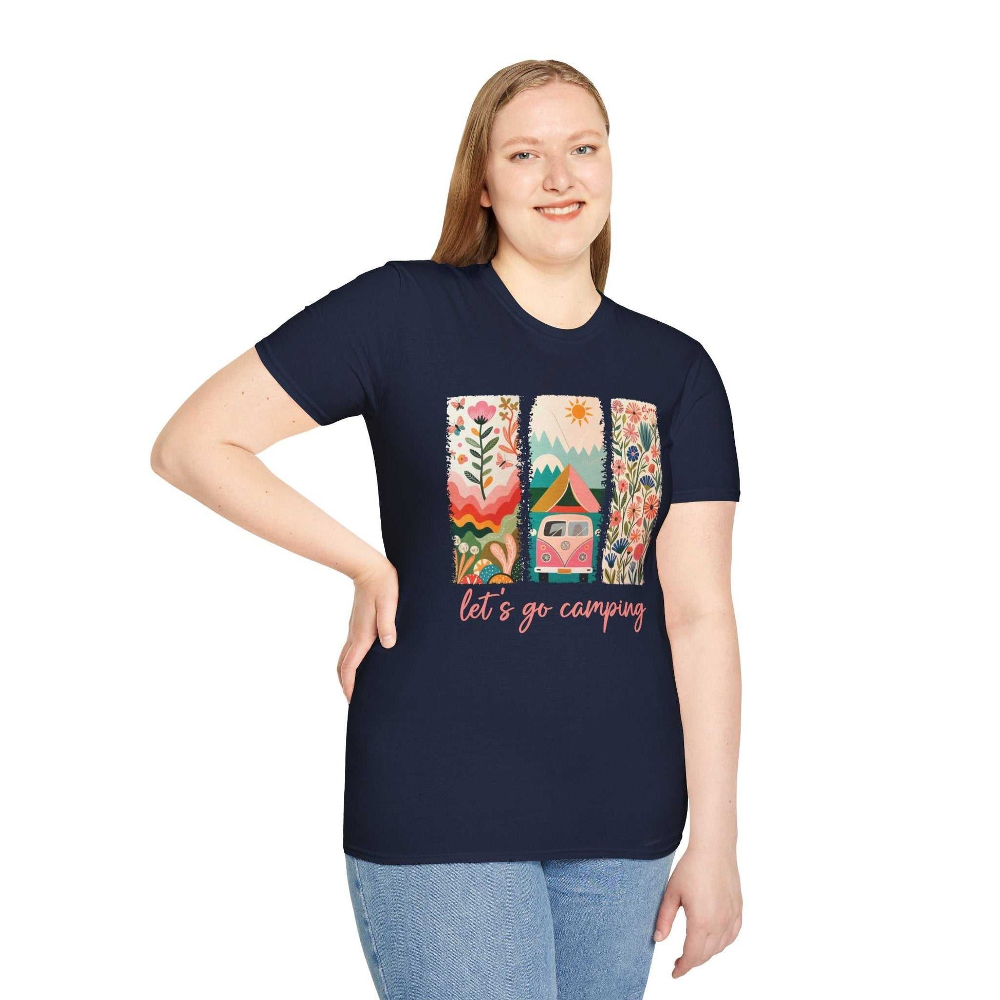 Unisex navy t-shirt with colorful camping adventure graphic and "let's go camping" text, soft cotton fabric