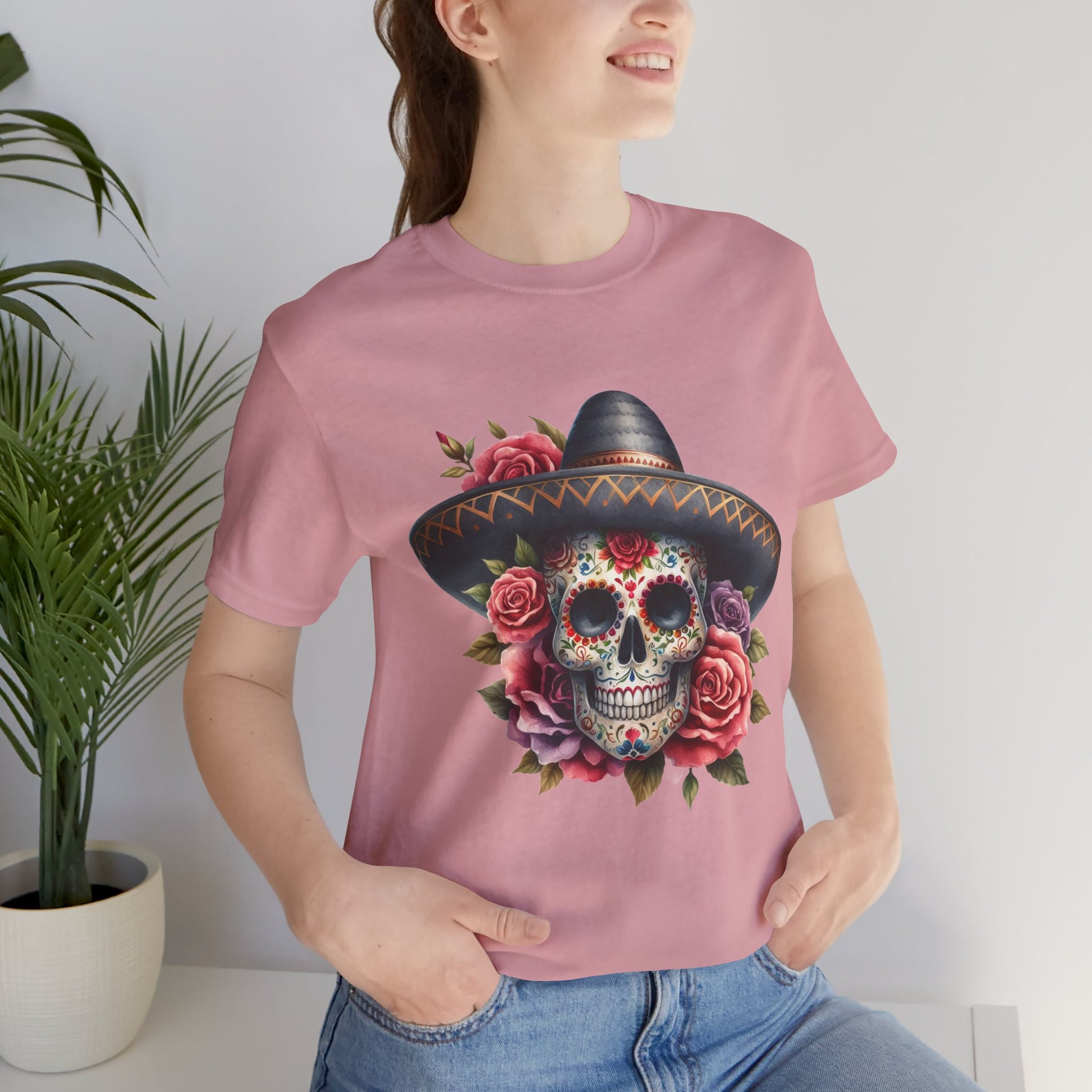 Colorful tee featuring a sugar skull in sombrero and roses for vibrant fiesta vibes