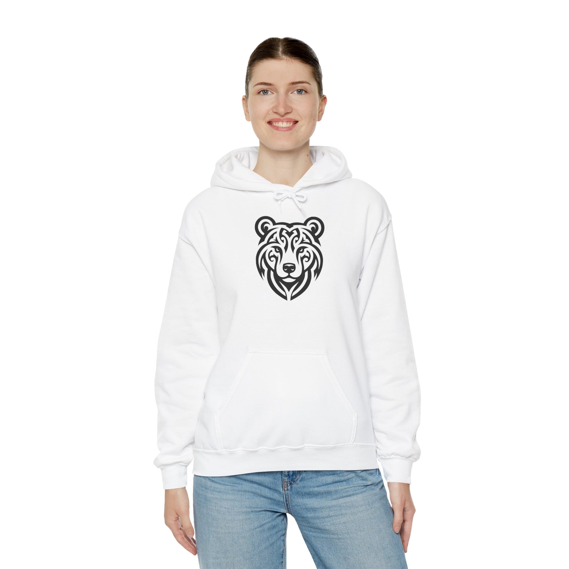 Tribal Bear Hoodie – Fierce Wilderness Style in Bold Black on White