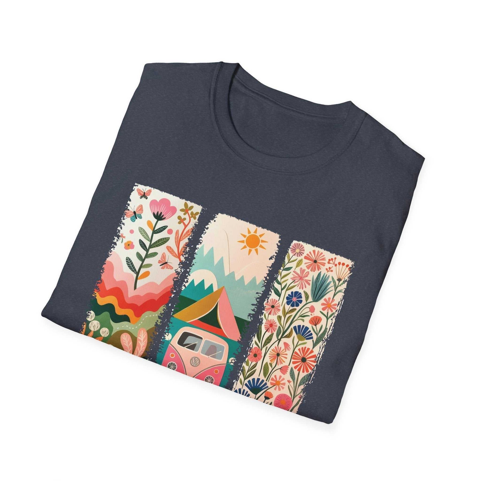Camping Adventure unisex softstyle t-shirt with colorful nature and camping print on navy fabric
