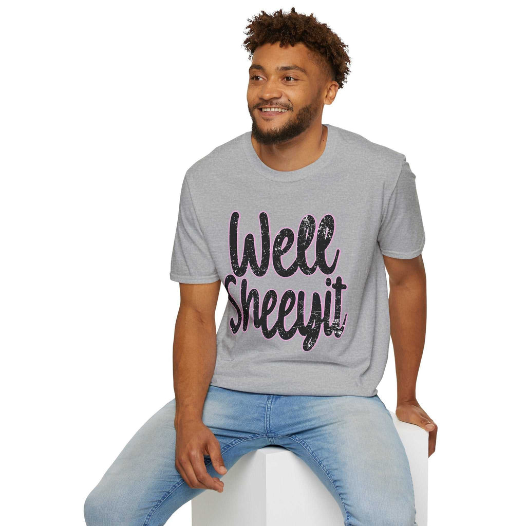 Man wearing a grey casual statement tee with "Well Sheeyit" funny quote, paired with light blue jeans.
