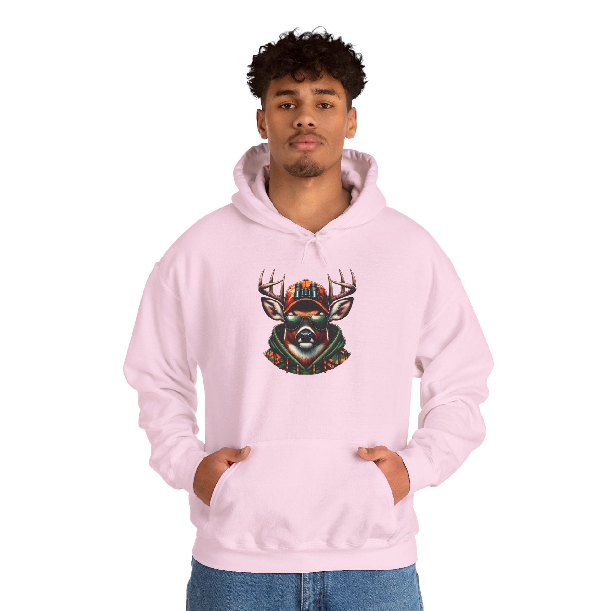 Unisex pink hooded sweatshirt with bold colorful deer design and kangaroo pocket