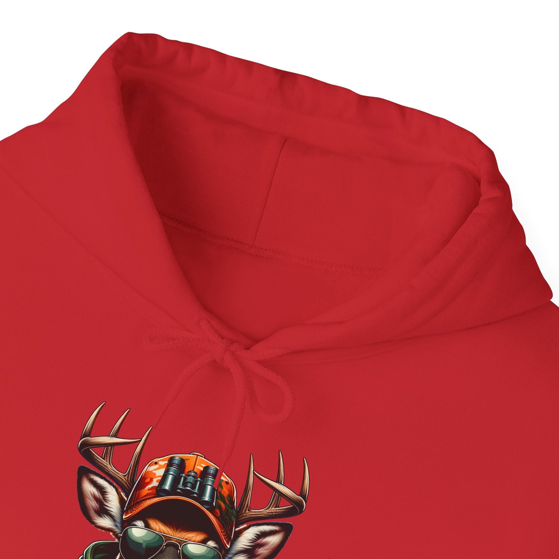 Red hooded sweatshirt with bold deer design wearing camouflage hat and binoculars on front